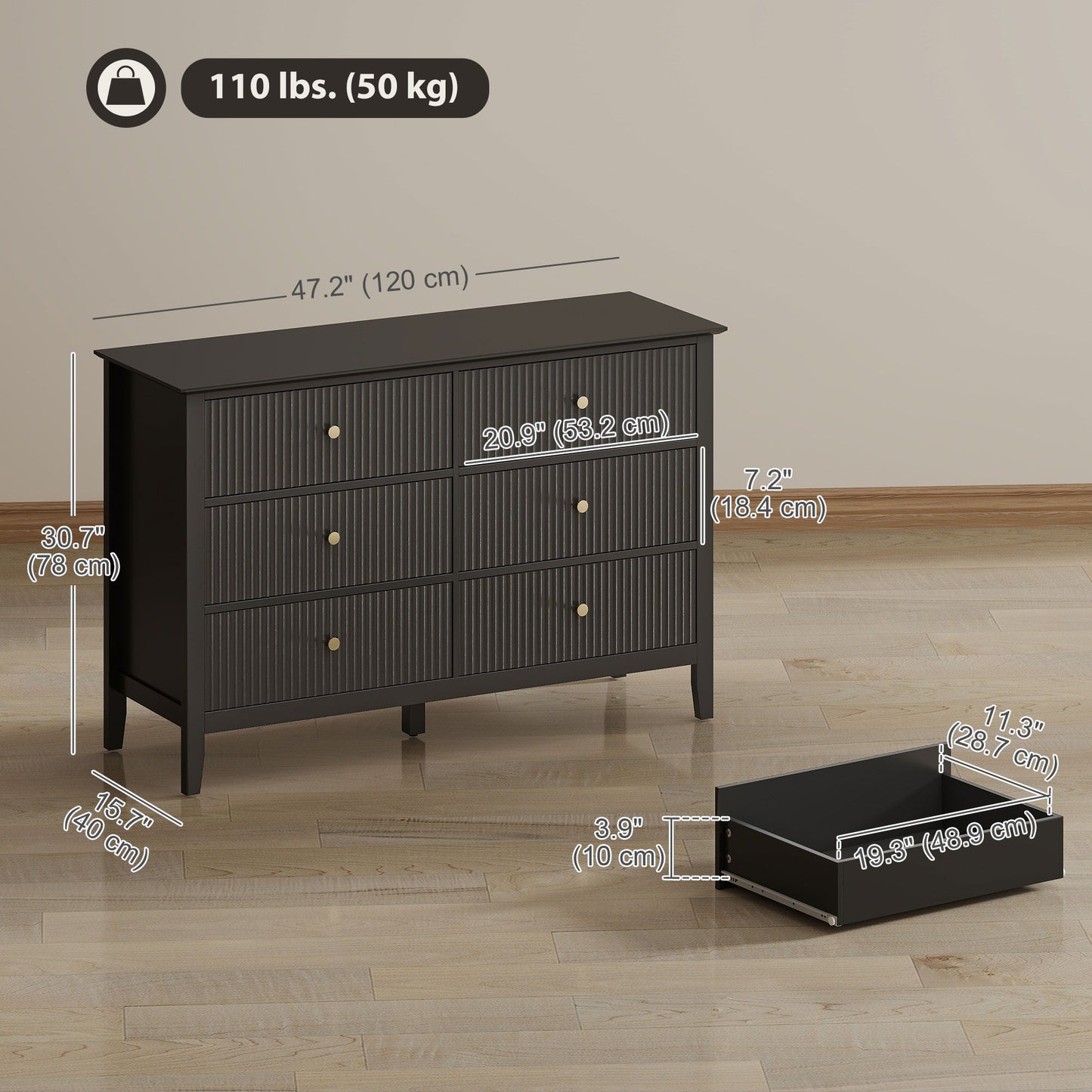 Double Chest of Drawers, Modern 6 Drawer Dresser for Bedroom, Living Room, Hallway, Closet, Black