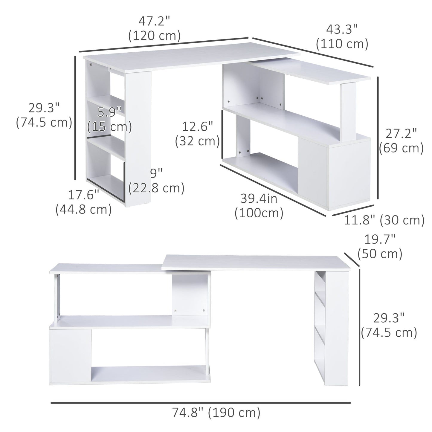 47" L-Shaped Rotating Corner Desk with Shelf - White