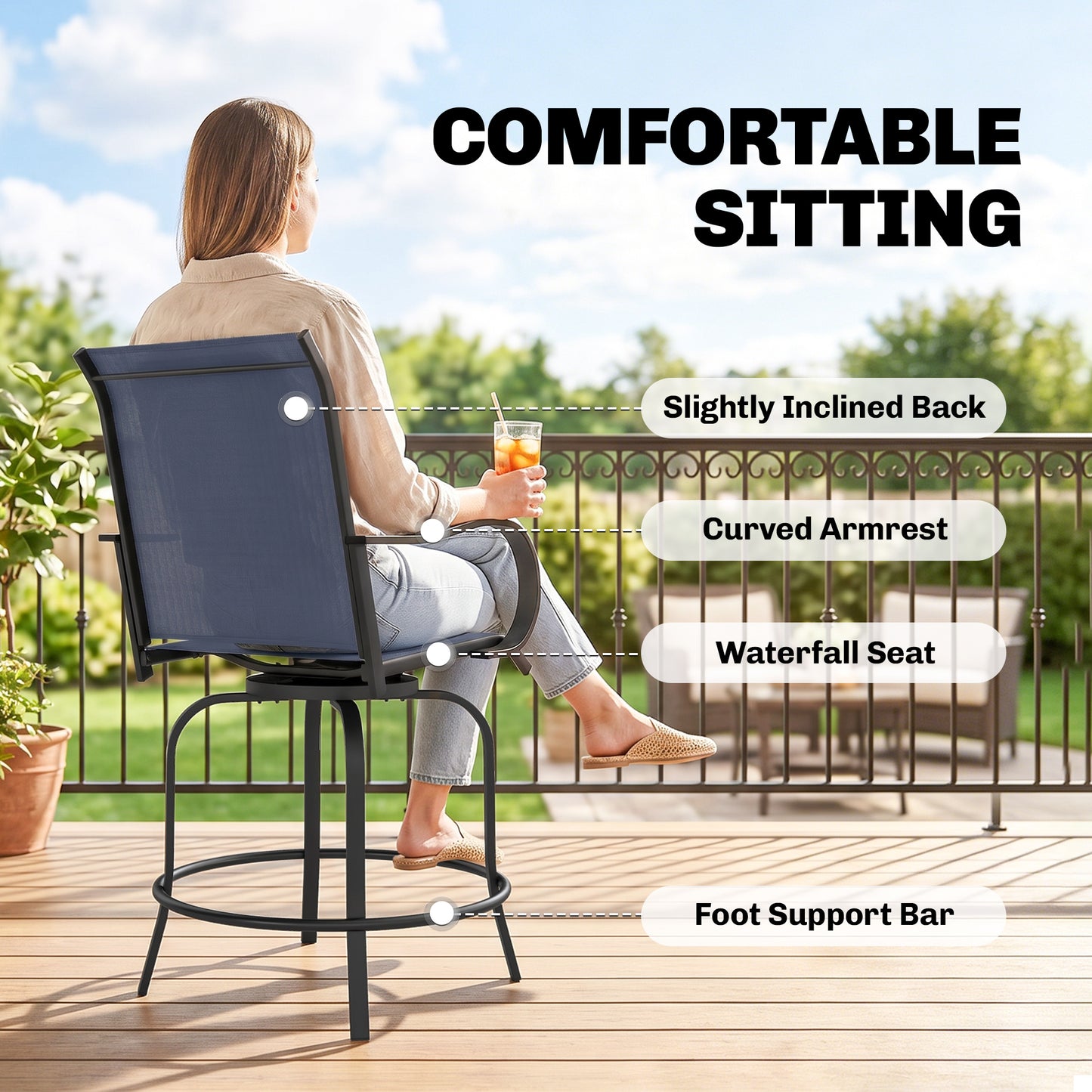 Outdoor Bar Stools Set of 2, 360° Swivel Bar Height Chairs, 26.8" x 29.5" x 48.4", Tan