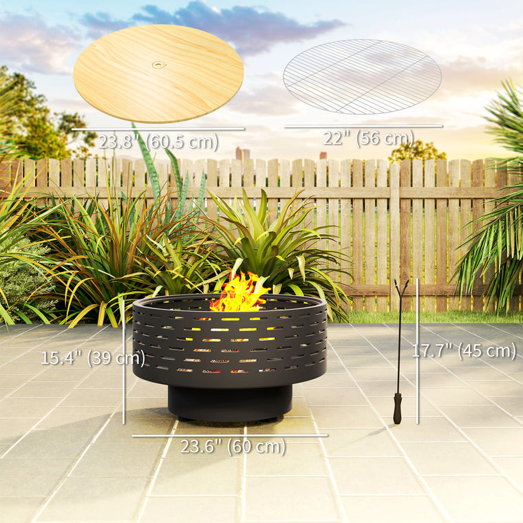 3-in-1 Stainless Steel Fire Pit with Wood-Effect Basket