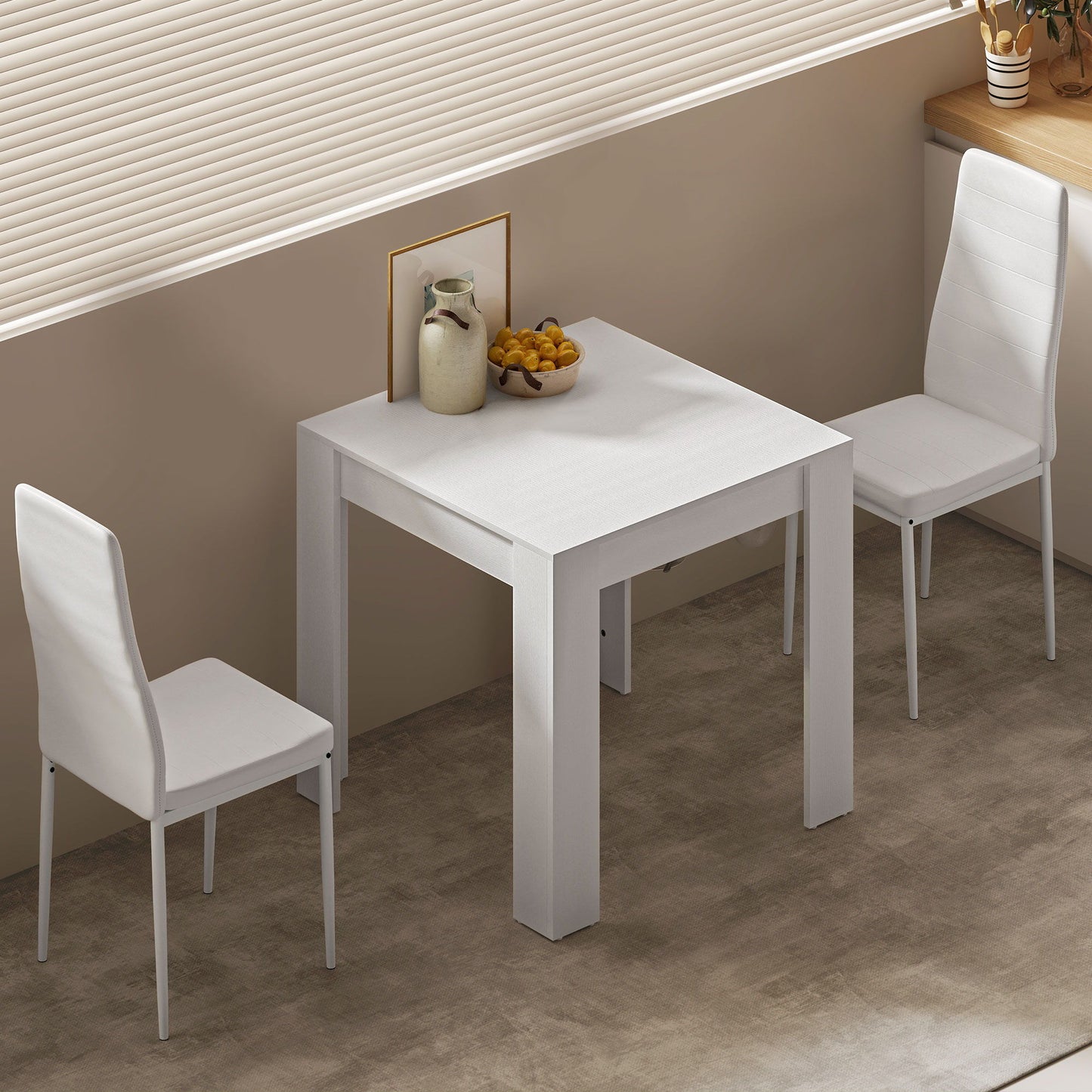 Dining Table Set for 2, Square Kitchen Table and Chairs, Dining Room Table and PU Leather Upholstered Chairs, White