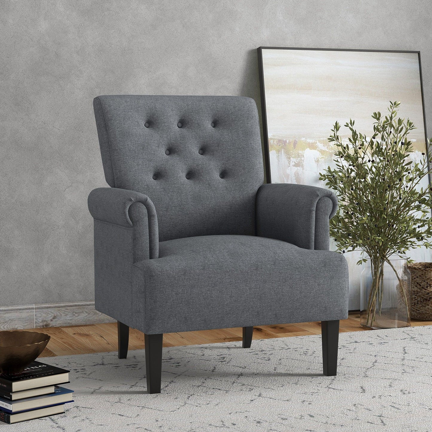 Fabric Accent Armchair with Wood Legs - Grey