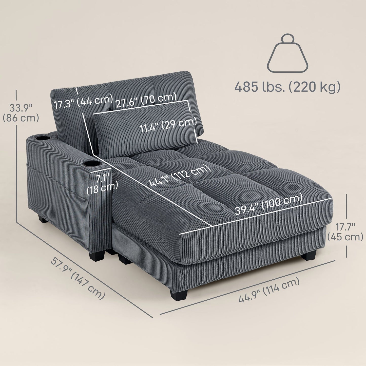 58" Oversized Corduroy Chaise Sofa Bed - Dark Grey