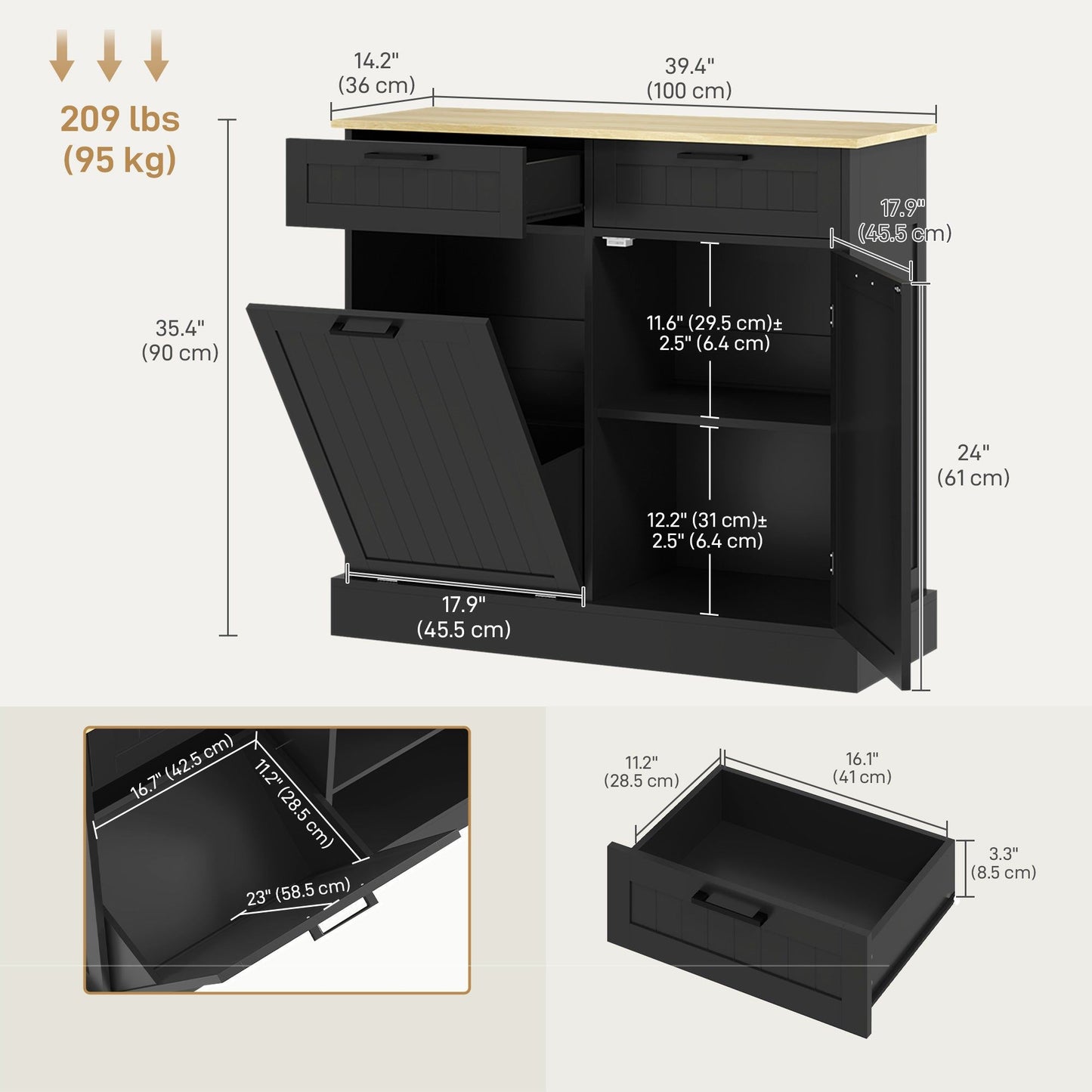 Tilt-Out Trash Cabinet with 2 Drawers - Black