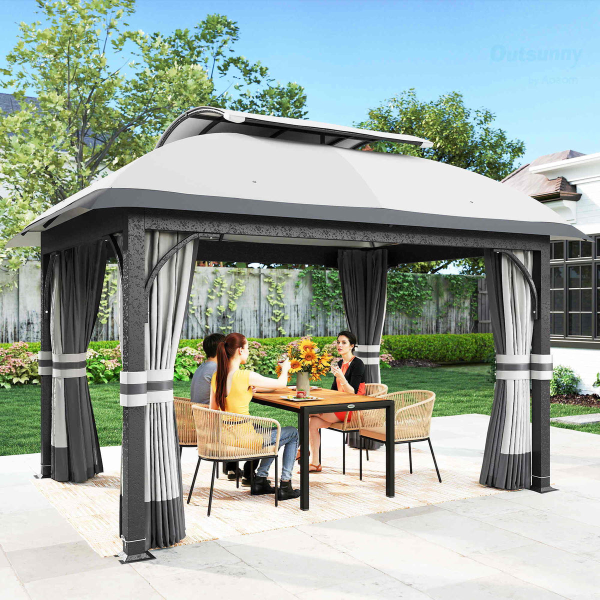 11' x 13' Patio Gazebo, Double Roof Outdoor Gazebo Canopy with Netting & Curtains, Galvanized Metal Frame, Light Grey
