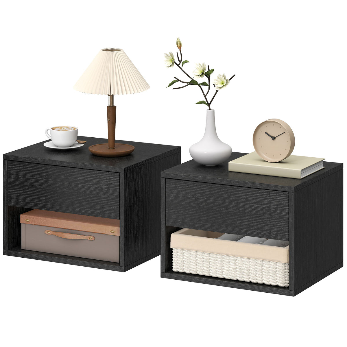 Floating Nightstand Set of 2, Wall Mounted Bedside Table with Drawer for Bedroom Black