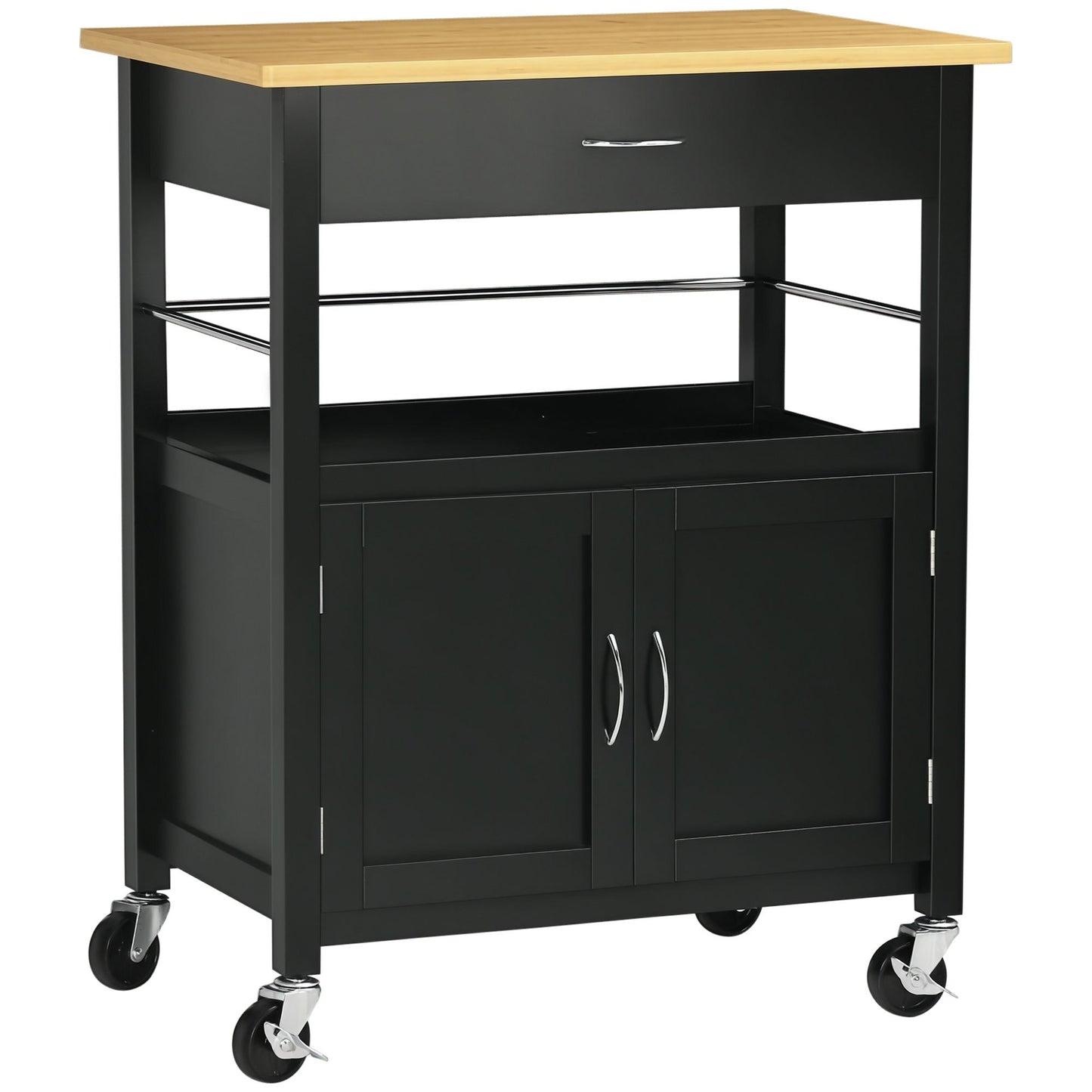 Kitchen Cart, Utility Trolley, Small Kitchen Island with Storage Drawer & Side Hooks for Dining Room, Black