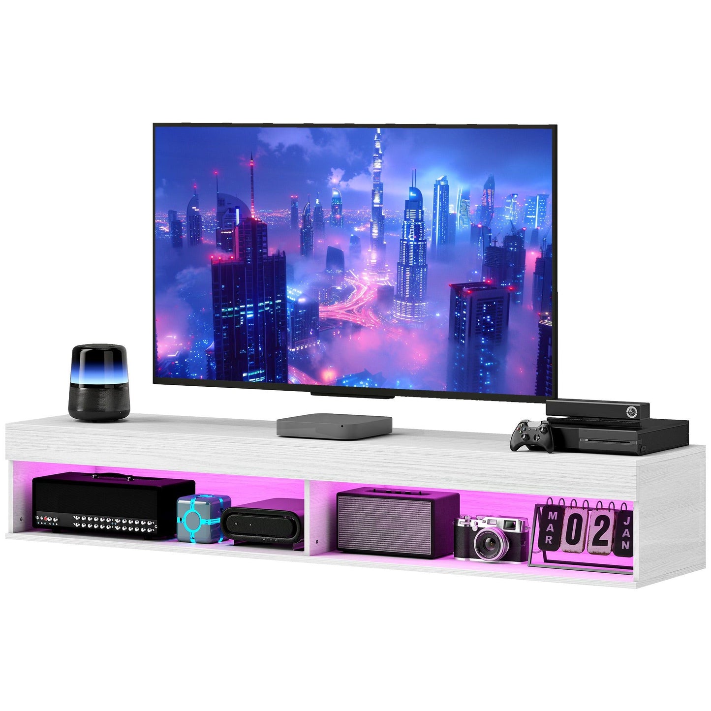 Wall-Mounted TV Stand with LED Lights and Storage - White