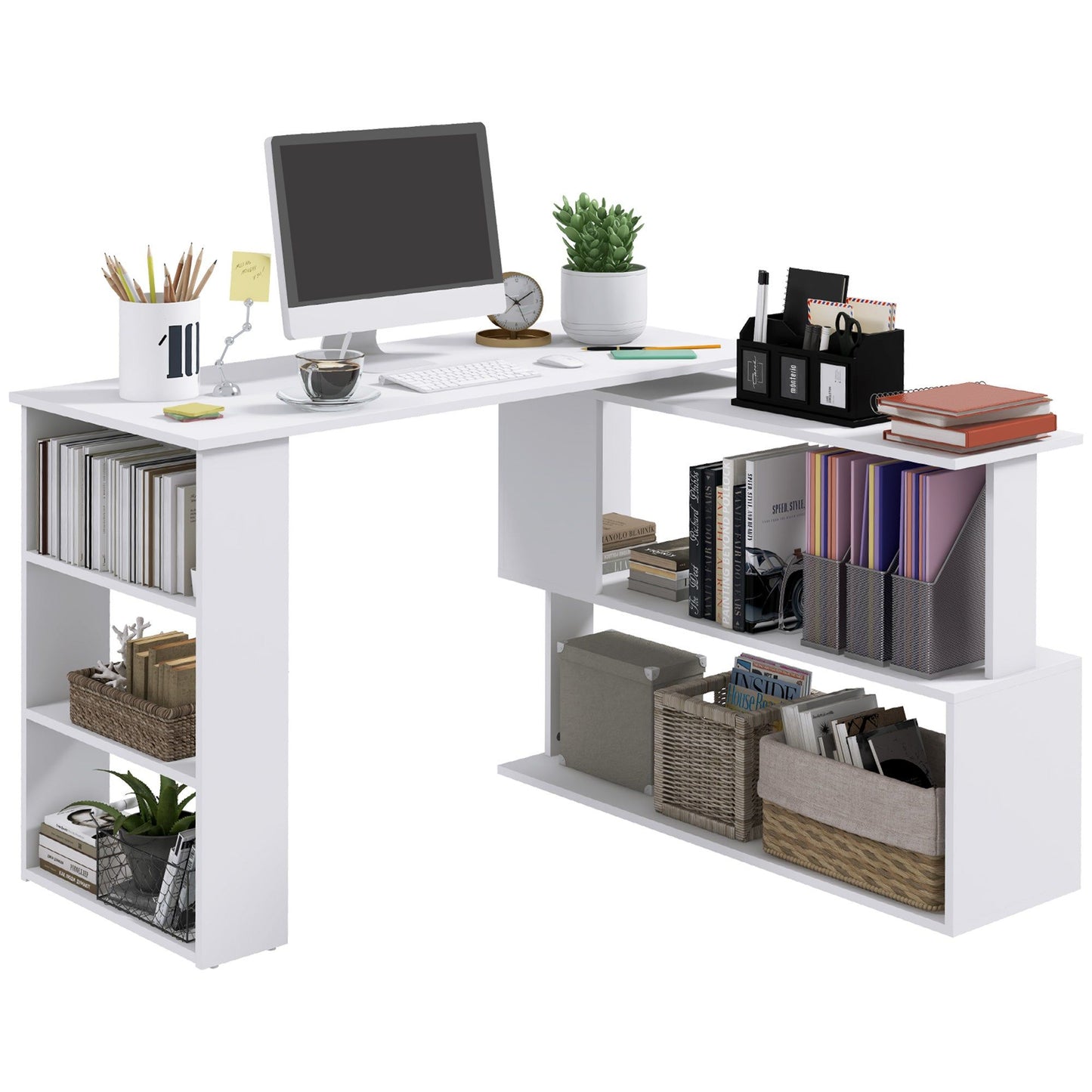 47" L-Shaped Rotating Corner Desk with Shelf - White