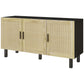 Boho Sideboard Buffet Cabinet with 3 Rattan Doors, Kitchen Cabinet with Adjustable Shelves, Black and Natural