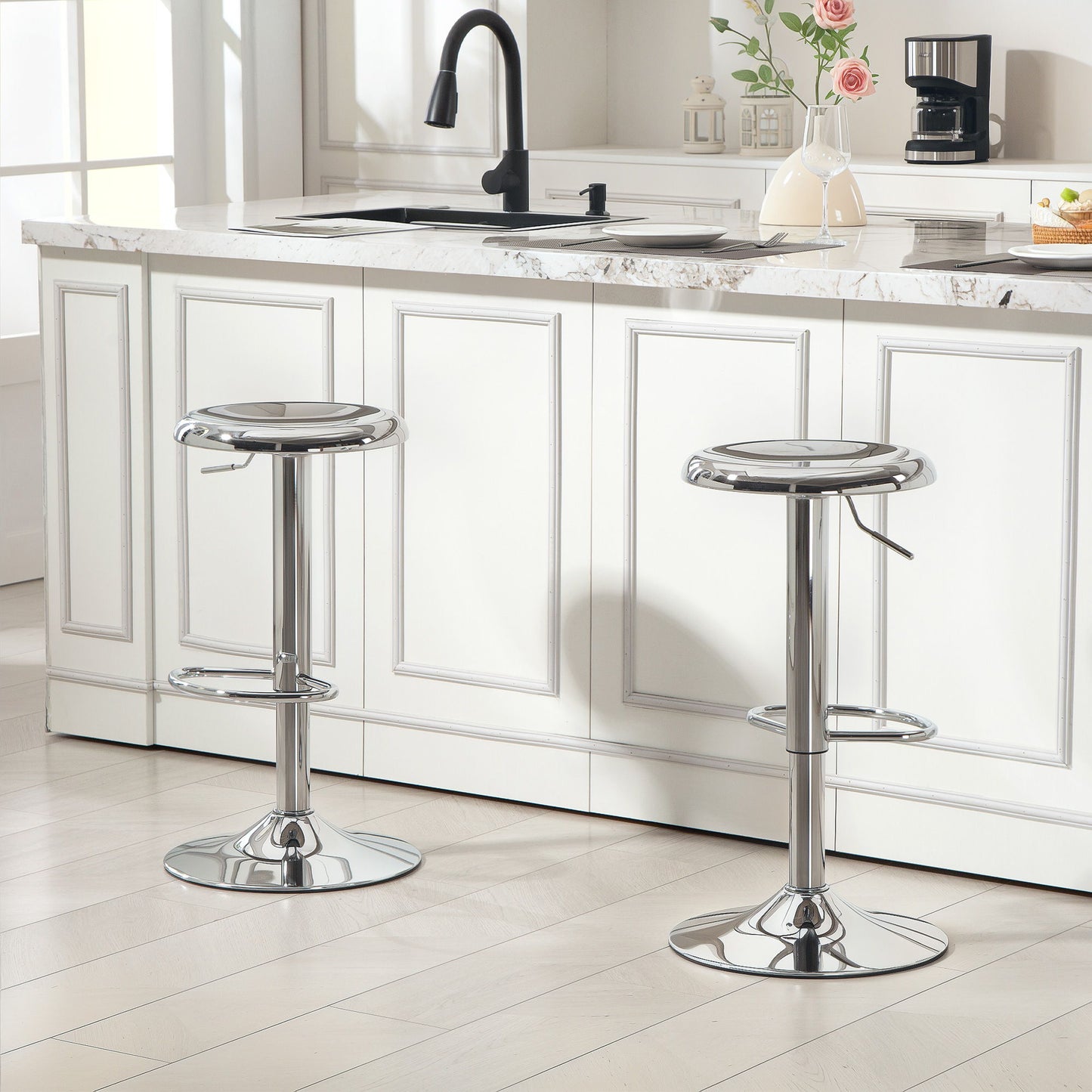 Steel Bar Stools Set of 2, Adjustable Counter Height Round Breakfast Barstools, Industrial Swivel Bar Chairs, Silver
