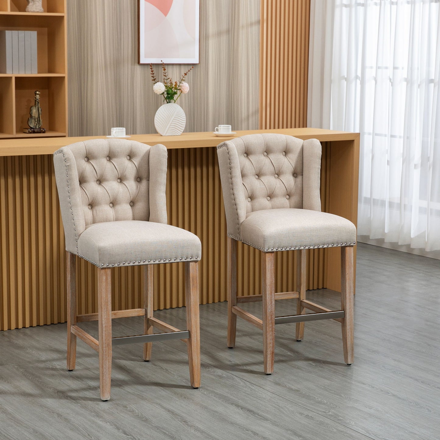 Counter Height Bar Stools Set of 2, Upholstered Bar Chairs with Nailhead Backrest and Footrest, Modern Barstools for Kitchen, Dining Room, Beige