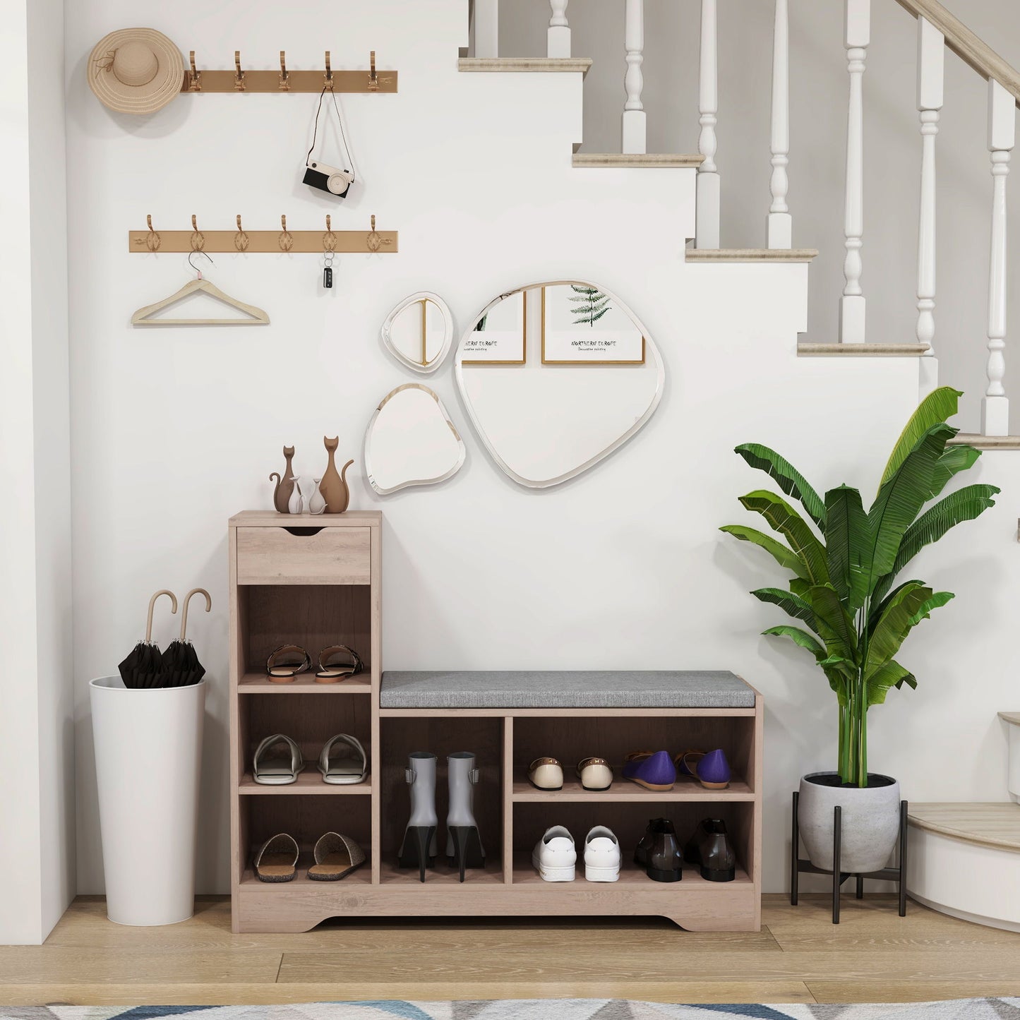 Upholstered Shoe Storage Bench w/ Seat, Entrance Bench w/ Drawer and 6 Open Shelves for Hallway, Grey