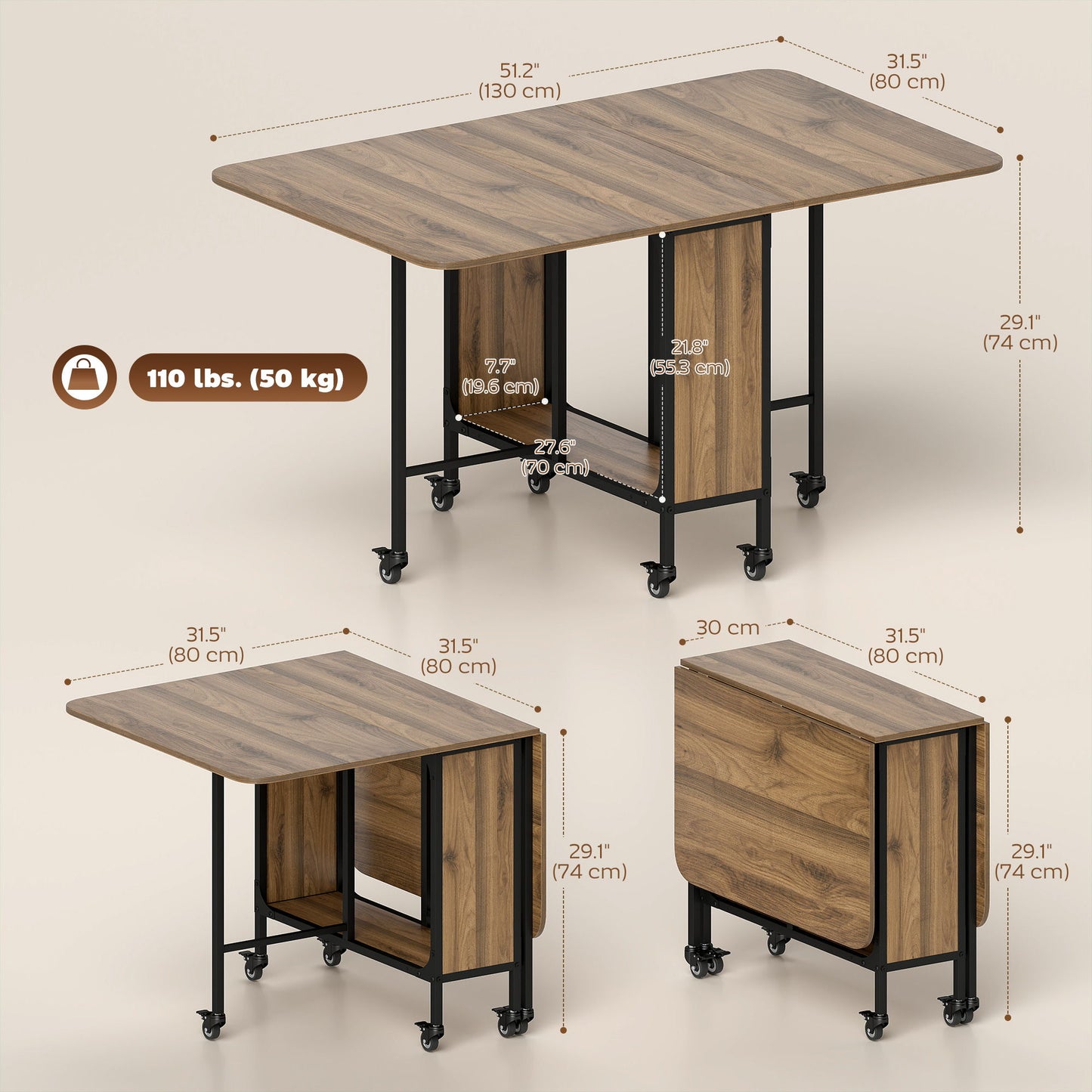 Folding Dining Table, Extendable Kitchen Table for Small Spaces with Storage Shelf and 6 Wheels, Light Brown