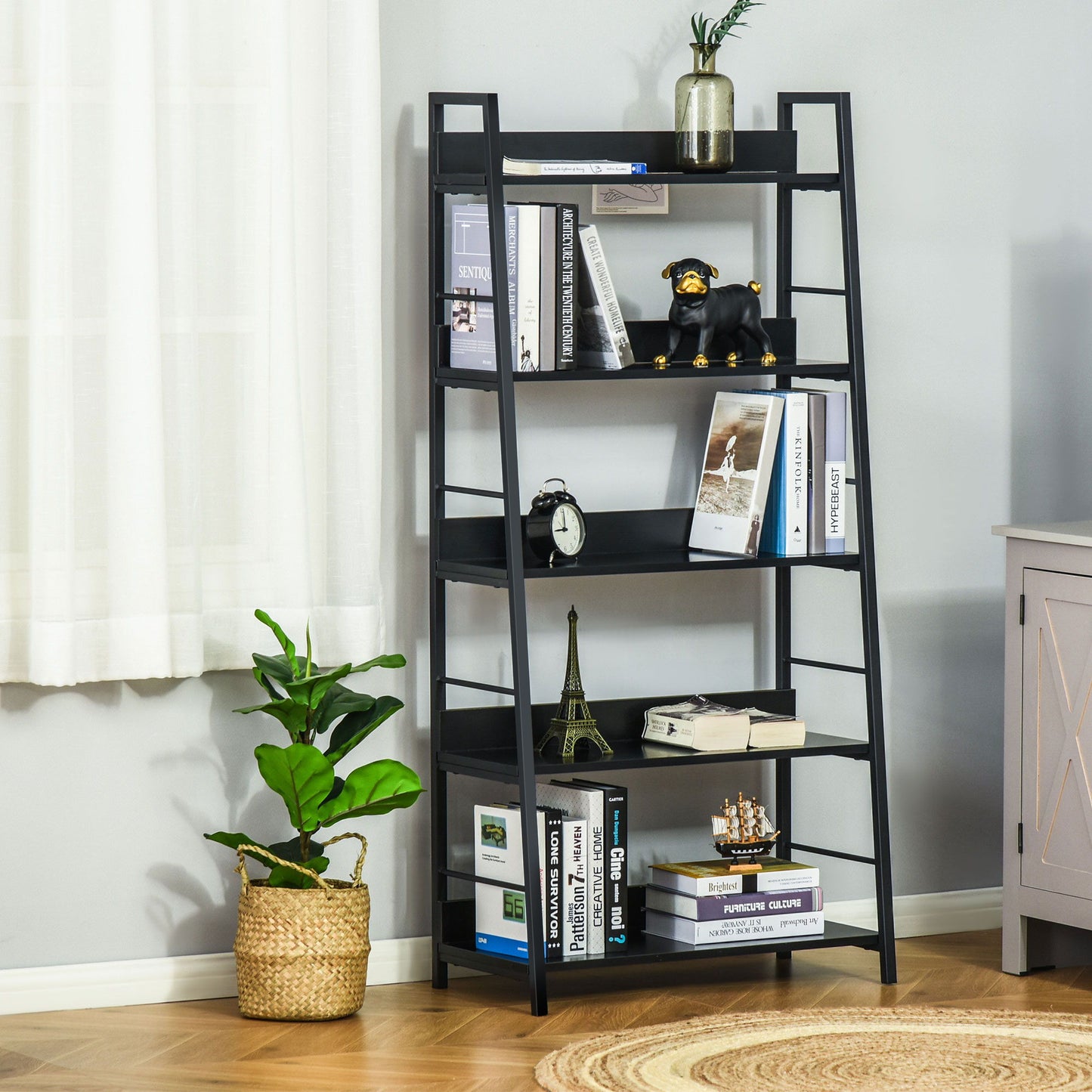 Modern Bookshelf Storage with 5-Tier Wide Shelving, Metal Frame, Wooden Bookcase for Living Room Library Home Furniture, Black
