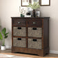 Rustic Storage Cabinet with Two Drawers and Four Rattan Baskets, Modern Farmhouse Style, Acacia Wood Frame, 28" L x 12" W x 28" H, Brown