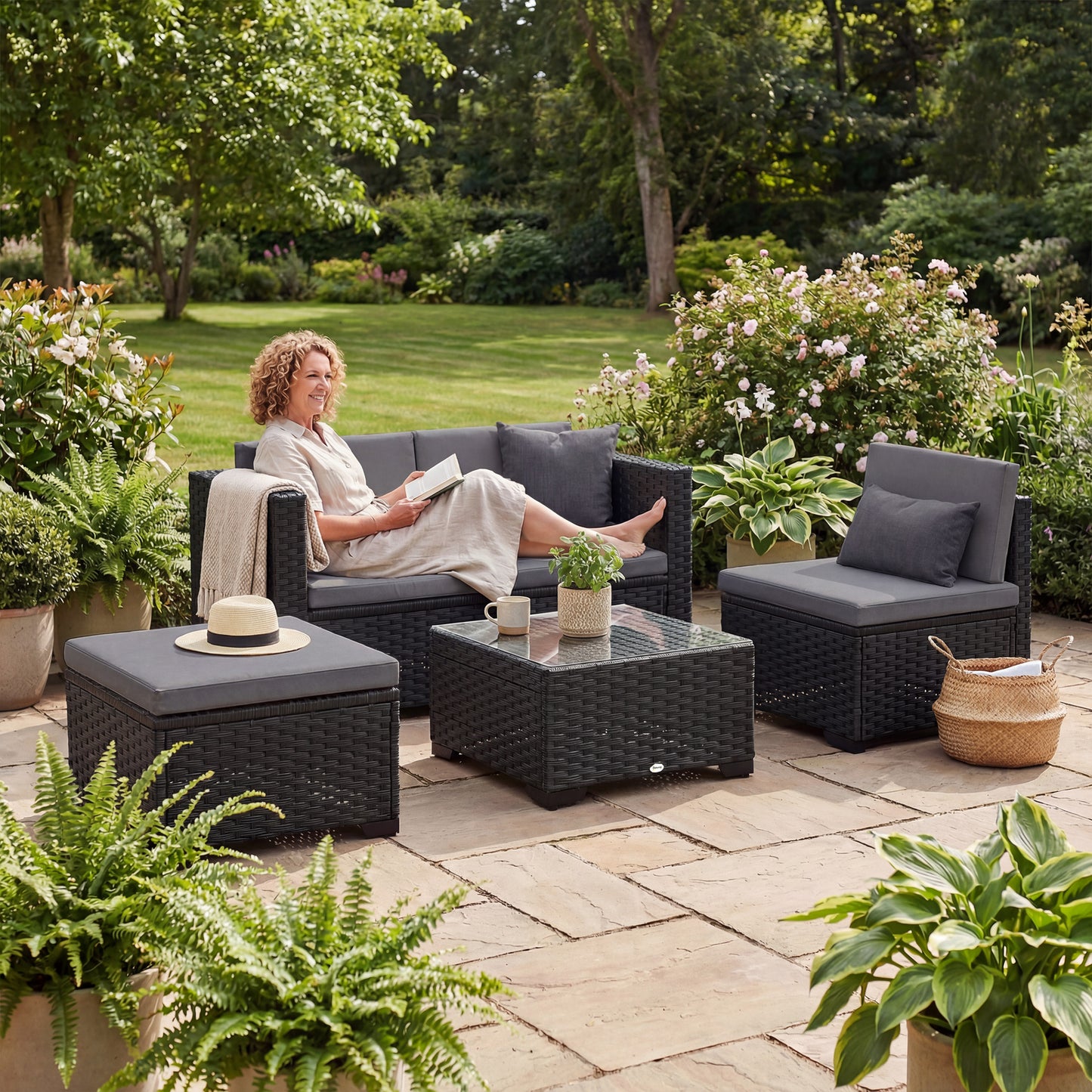 5 Piece Patio Furniture Set, L-Shape Wicker Outdoor Sectional with 3 Chairs, Ottoman, Glass Table, Cushions, Grey