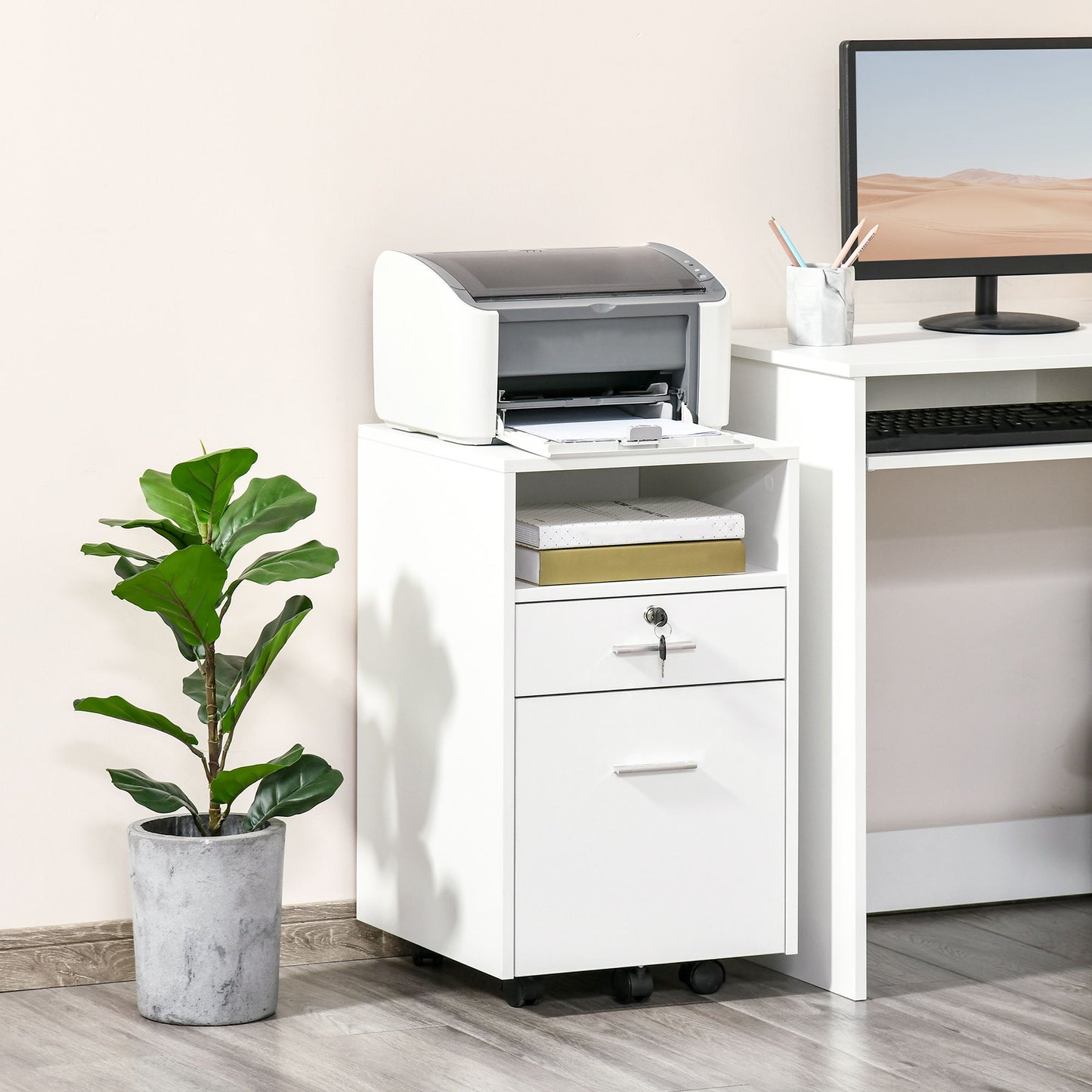 2 Drawer Filing Cabinet with Lock, Vertical File Cabinet with Wheels, Mobile Office Cabinet for A4, Letter Size, White
