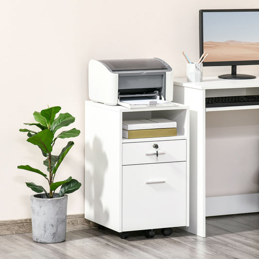 2 Drawer Filing Cabinet with Lock, Vertical File Cabinet with Wheels, Mobile Office Cabinet for A4, Letter Size, White