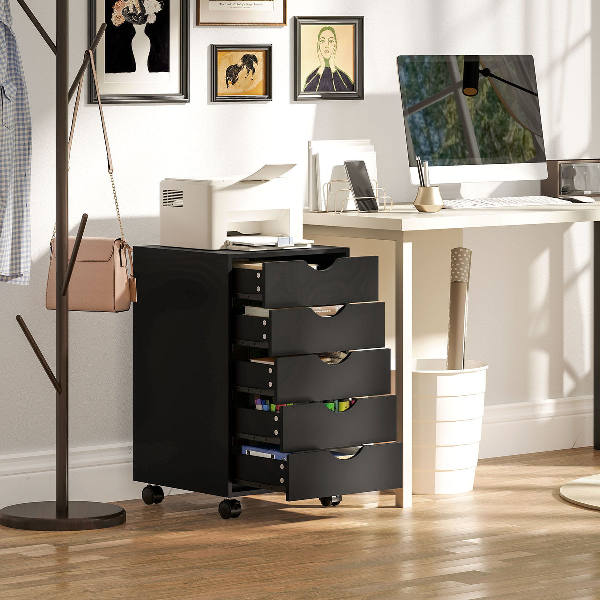 File Cabinet with 5 Drawer Wheels, 15.7" x 15.7" x 26.4", Black