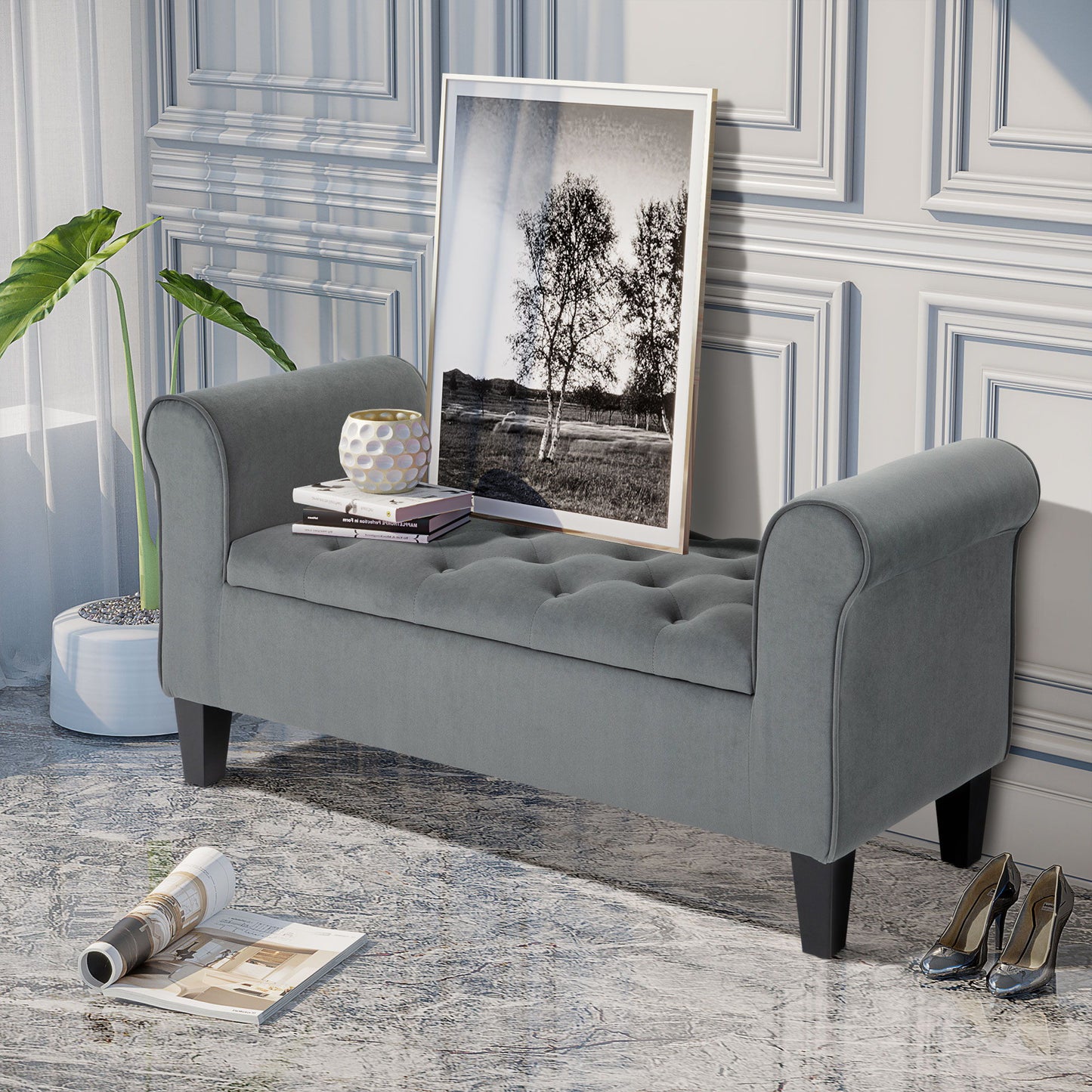 Button Tufted Storage Ottoman Bench, End of Bed Bench with Rolled Arms, Storage Chest for Living Room, Entryway, Grey