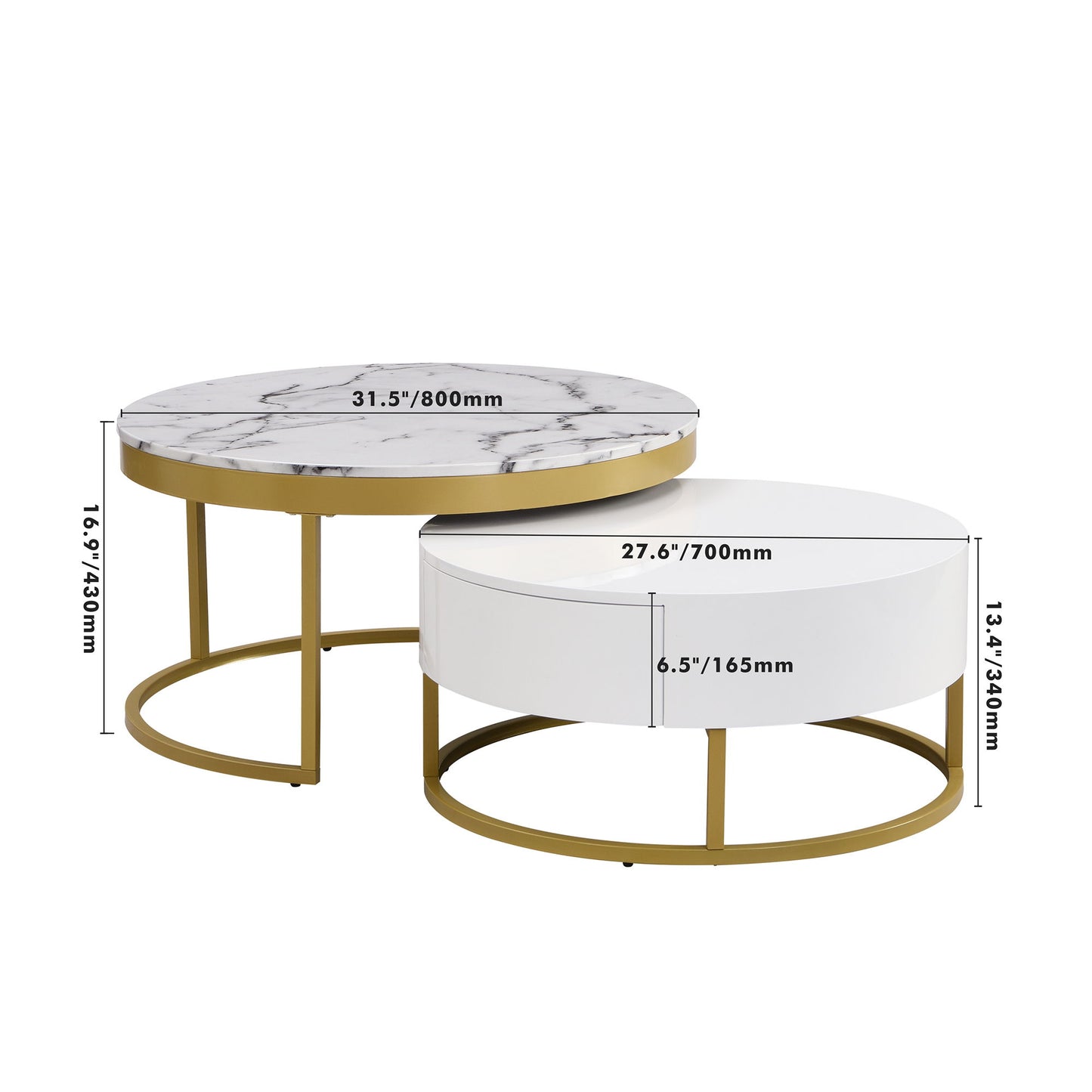 Modern Round Nesting Coffee Table with Drawers, MDF and Metal Pedestal Base, Durable Construction, 31.5" L x 31.5" W x 17" H, Gold+White