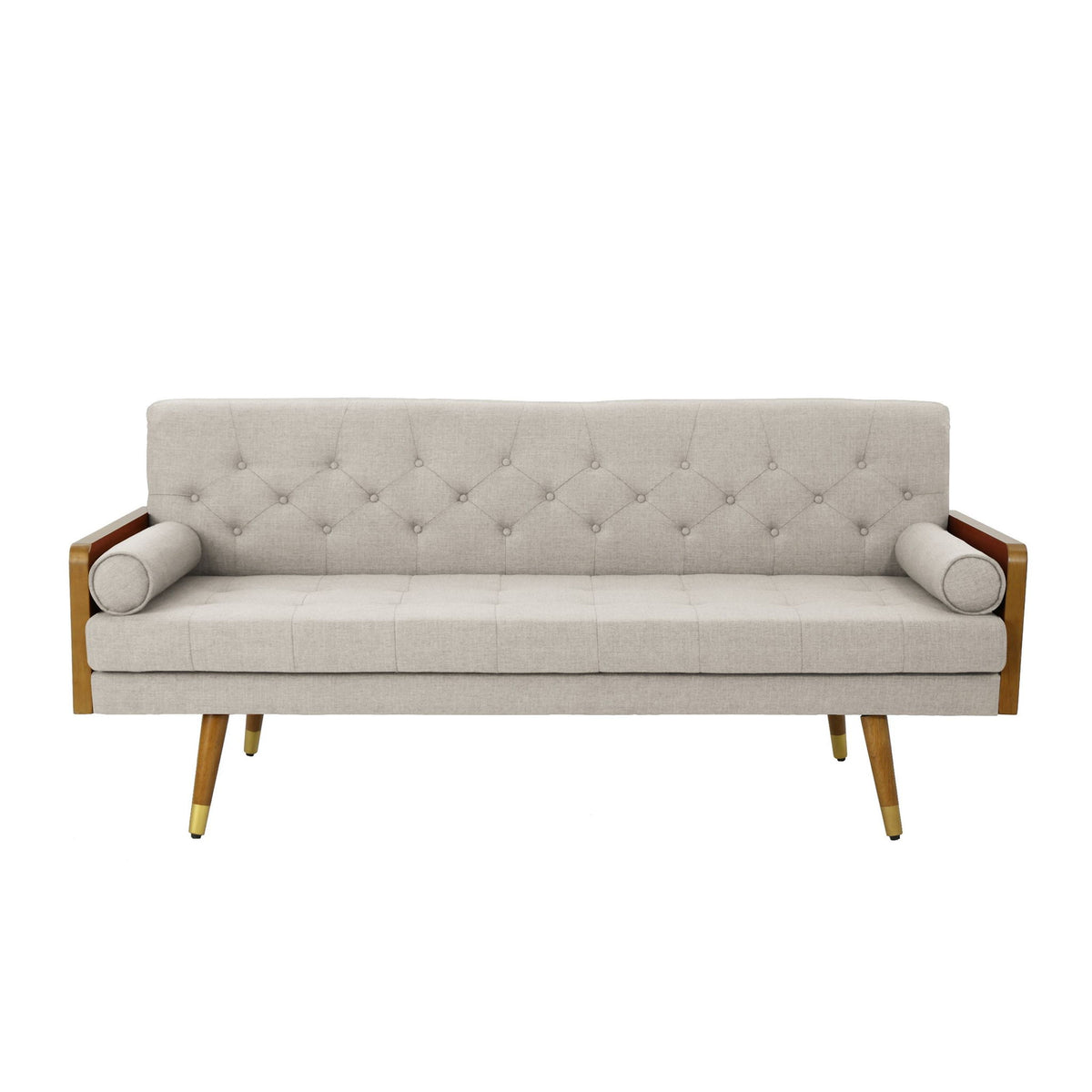 Mid-Century Modern Tufted Fabric Sofa with Rolled Accent Pillows, Daybed with Gold Tipped Rubberwood Legs, 72'' L x 30.5'' W x 32'' H, Beige