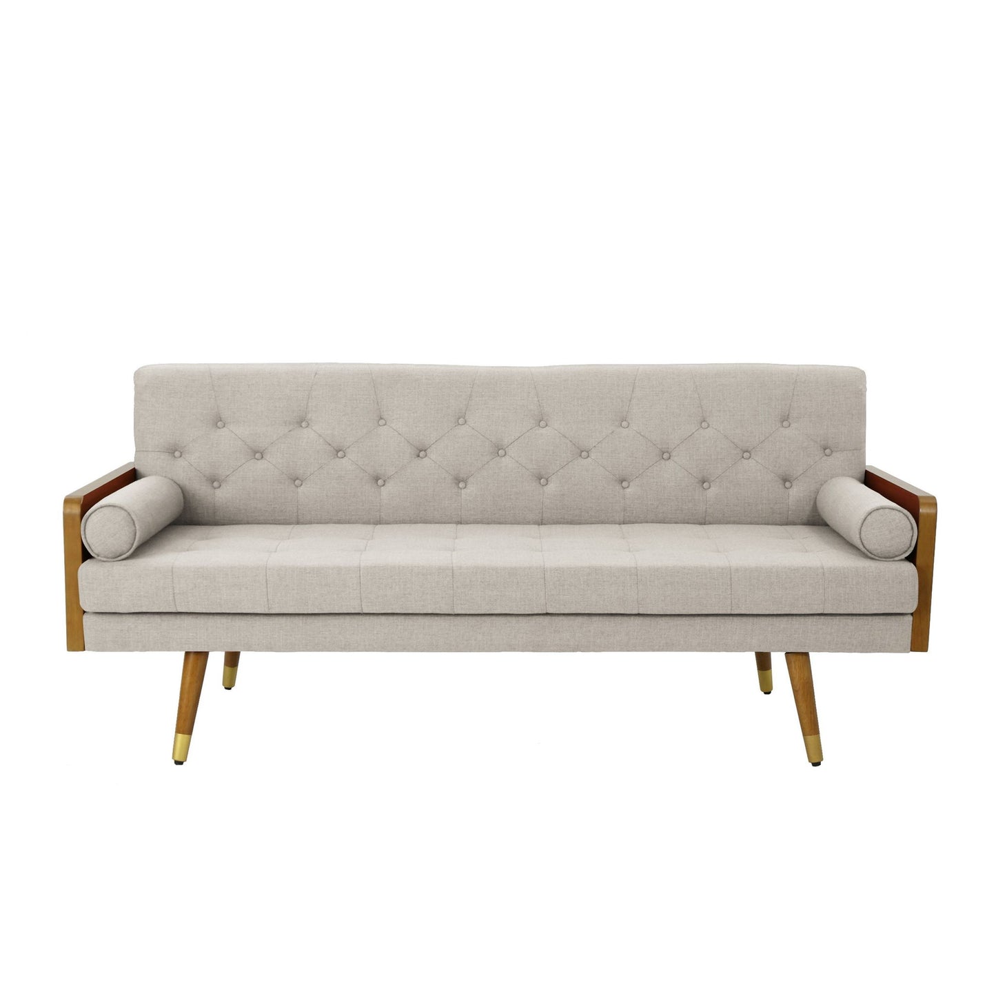 Mid-Century Modern Tufted Fabric Sofa with Rolled Accent Pillows, Daybed with Gold Tipped Rubberwood Legs, 72'' L x 30.5'' W x 32'' H, Beige