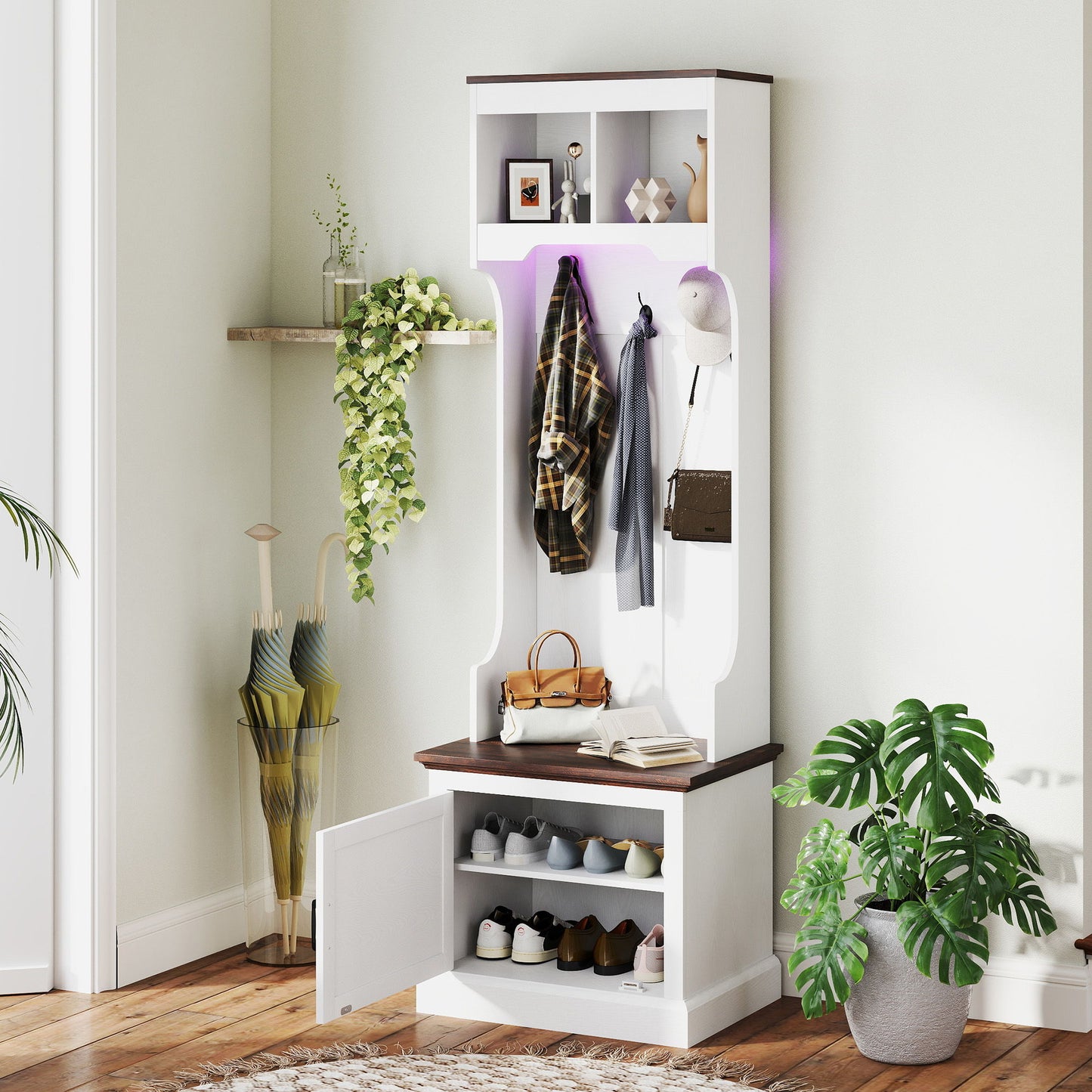 3-in-1 Hall Tree with LED Lights and Bench, Coat Rack with Shoe Storage, White Wood Grain with Light