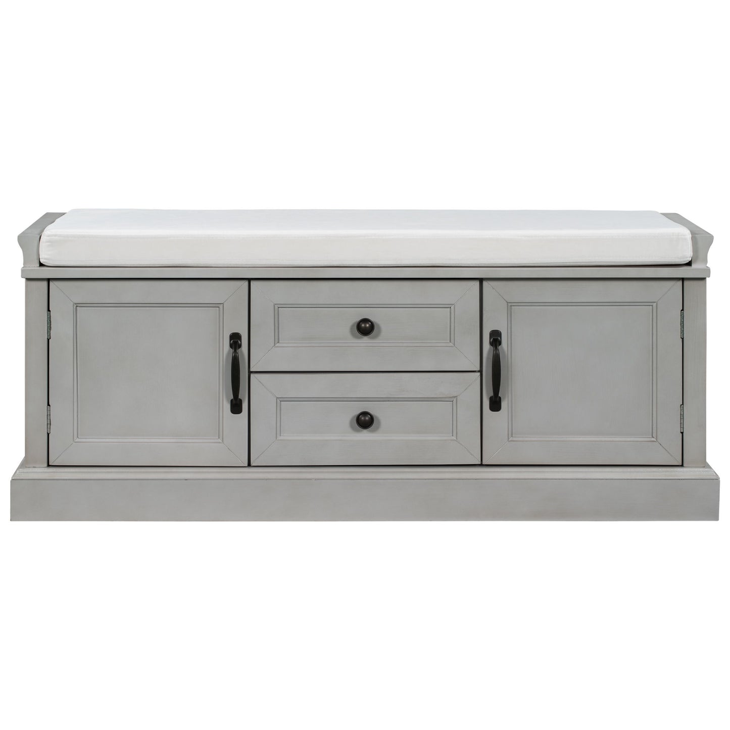 Storage Bench with 4 Doors and Adjustable Shelves, Removable Cushion for Entryway, 43" L x 16" W x 17.5" H, Gray