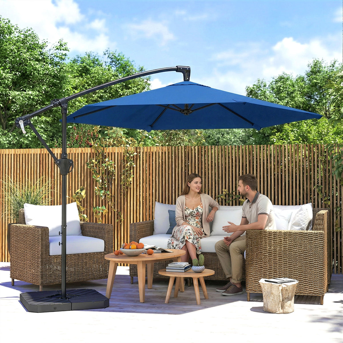 9.7 ft Offset Patio Umbrella with Water/Sand Fillable Weights, Garden Hanging Parasol with Locking Latch, Navy Blue