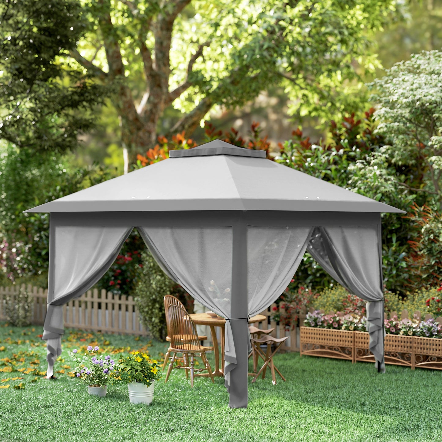 11' x 11' Pop Up Gazebo, Double Roof Foldable Height Adjustable Canopy Tent with Mesh Sidewalls, Carrying Bag, Grey