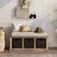 Rustic Storage Bench with 3 Rattan Baskets, No Assembly Required, Entryway Bench with Removable Cushion, 44" L x 16" W x 17" H, Natural