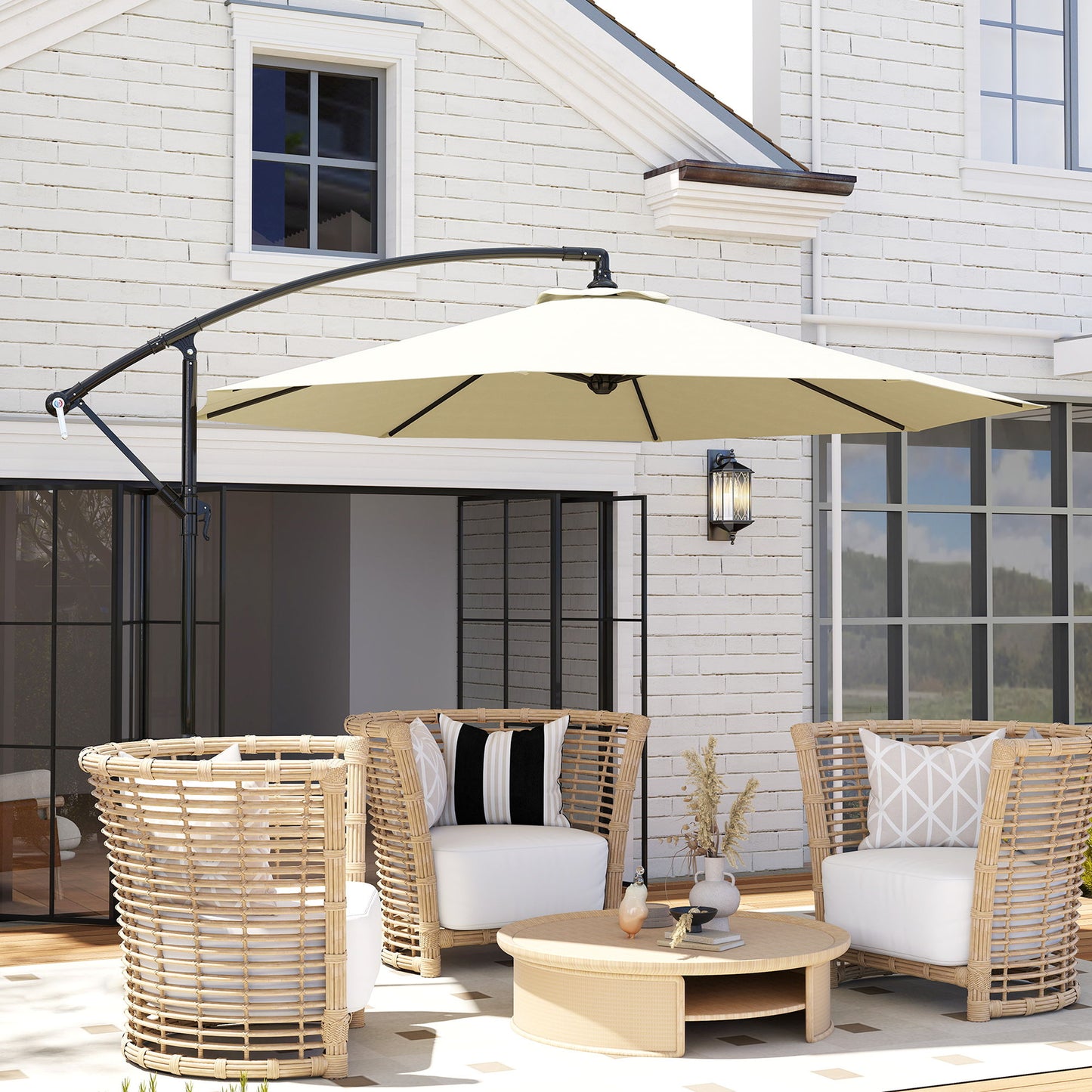 Φ10' Deluxe Cantilever Umbrella Outdoor Market Parasol Banana Hanging Offset Sunshade Crank Cross Base Beige