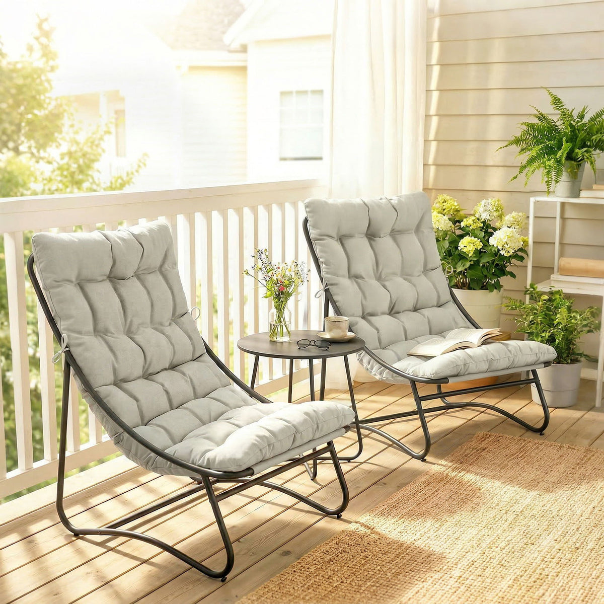 3 Piece Outdoor Bistro Set, Round Patio Table and Chairs Set for 2 with Breathable Mesh Seat and Cushions, Light Grey