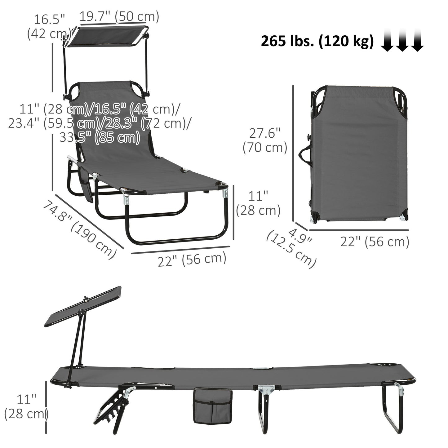 2 Piece Folding Outdoor Chaise Lounges, Pool Tanning Chairs with Reclining Back, Sunshade for Beach, Patio, Dark Grey