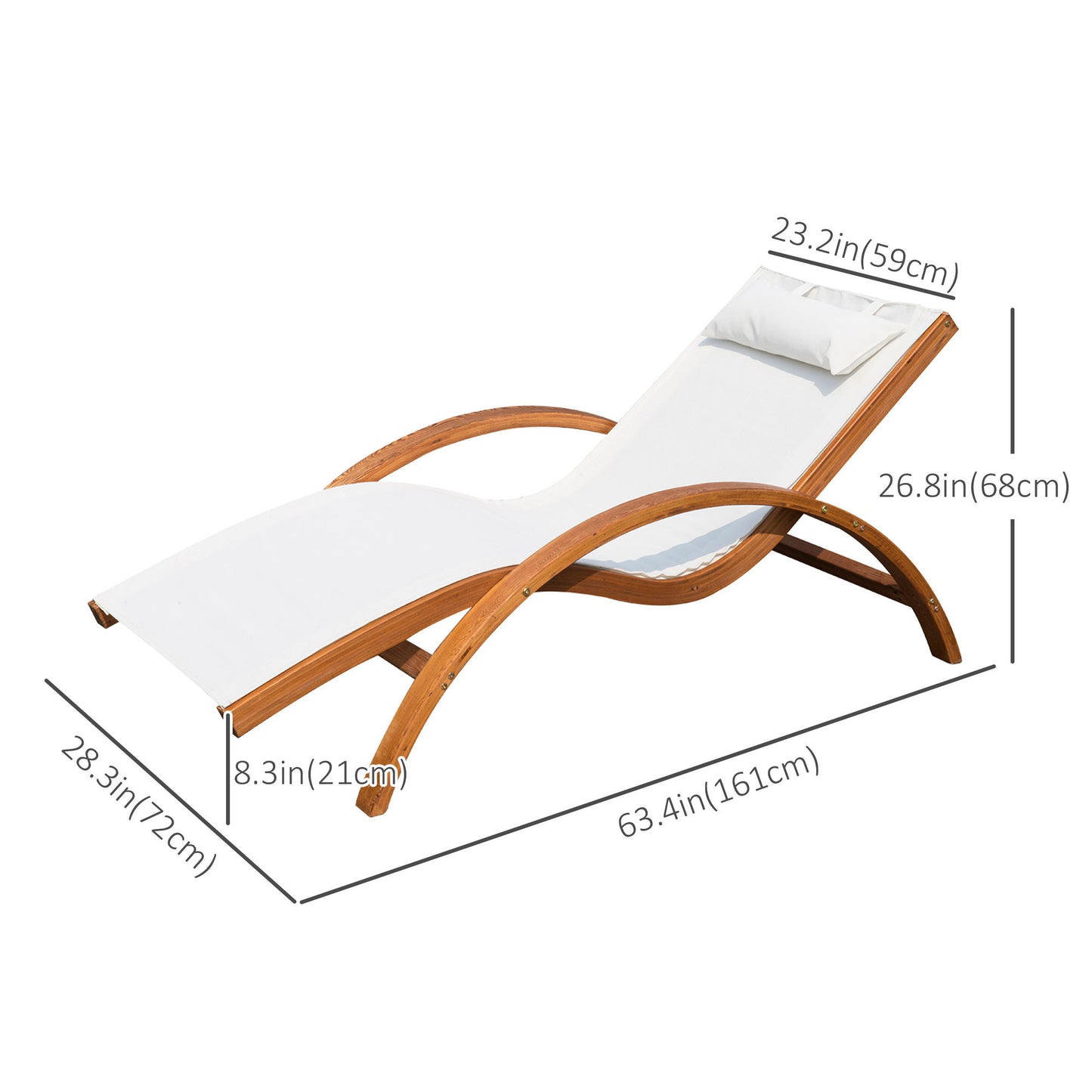 Outdoor Wood Sling Chaise Lounge Reclining Garden Mesh Lounger Patio Chair with Headrest Cream