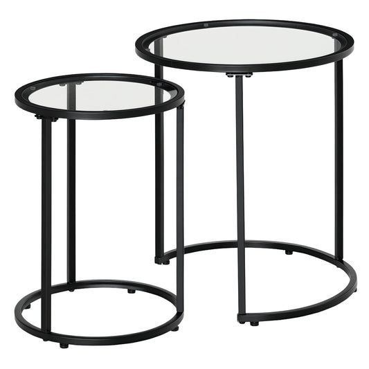 Set of 2 Round Nesting Coffee Tables with Glass Top - Black