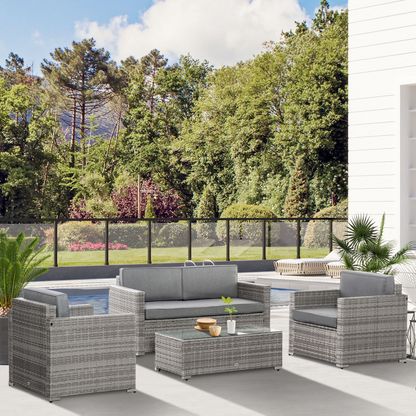 4 Pieces Patio Wicker Sofa Set, Outdoor PE Rattan Extra Wide Seat Conversation Furniture w/ Tempered Glass Table-top & Thick Padded Cushion for Garden, Backyard, Lawn, Mixed Grey