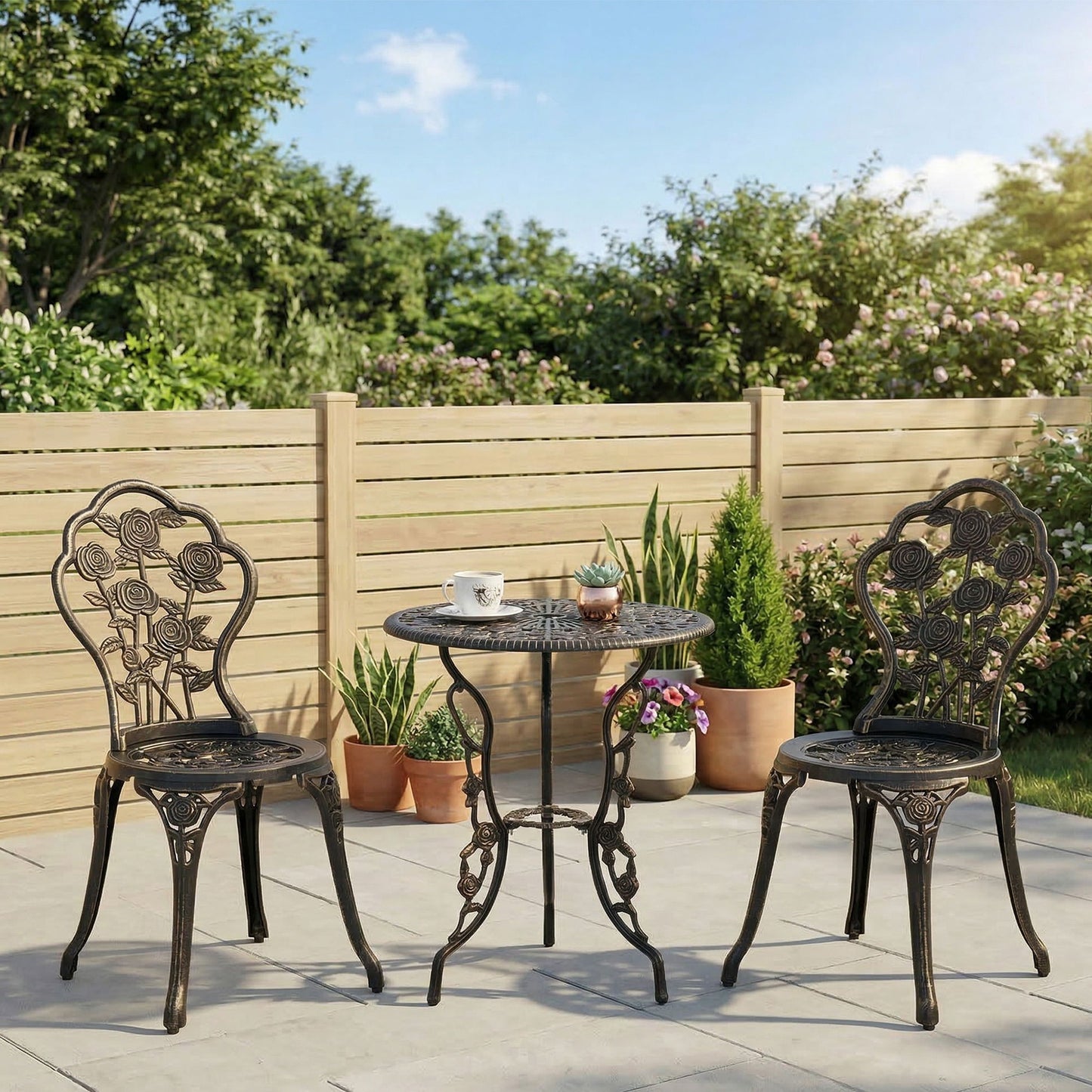 3 Pieces Aluminum Bistro Set, Bistro Table Set Outdoor Patio Furniture with Umbrella Hole, Patio Table and Chairs with Floral Patterns for Garden, Balcony, Porch, Bronze