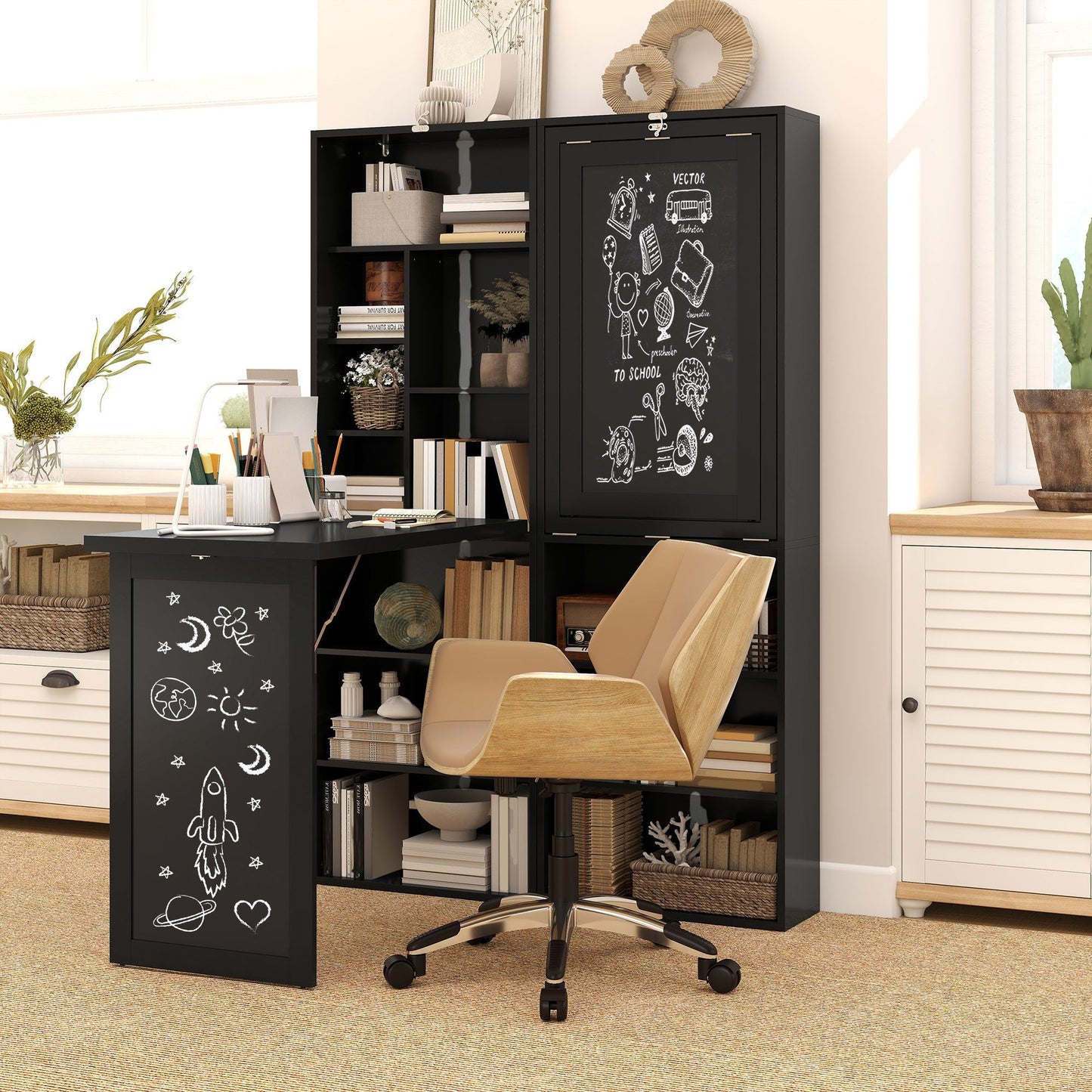 Fold-Out Wall-Mount Desk with Blackboard - Black