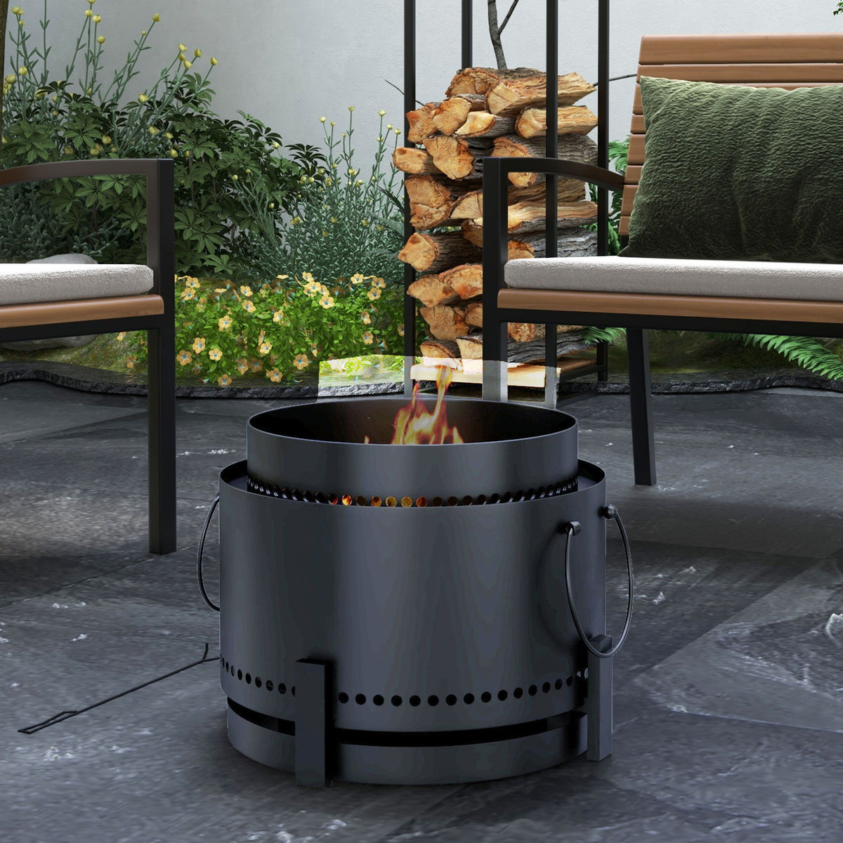Smokeless Fire Pit with Ash Catcher, Portable Wood Burning Firepit with Poker for Garden Camping Bonfire Party, Black