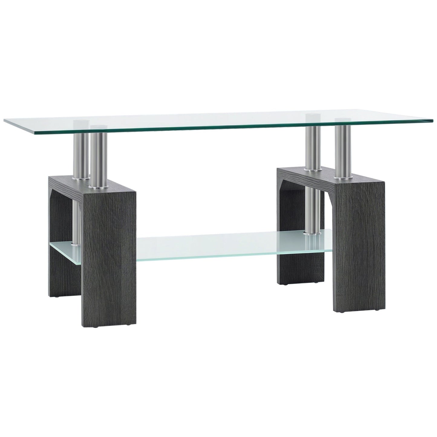 2-Tier Glass Coffee Table with Storage - Grey