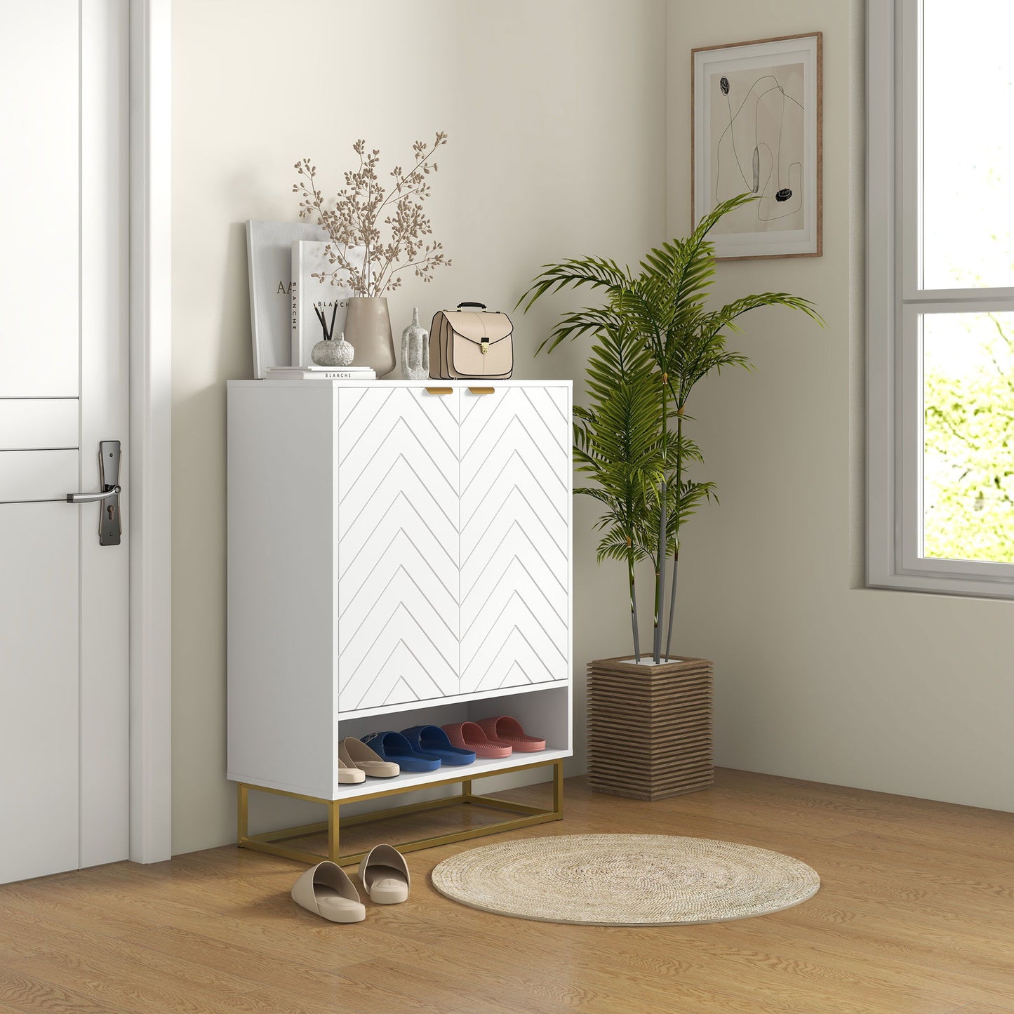 Entryway Shoe Cabinet, Shoe Storage Cabinet with Adjustable Shelf for 12 Pairs of Shoes, White