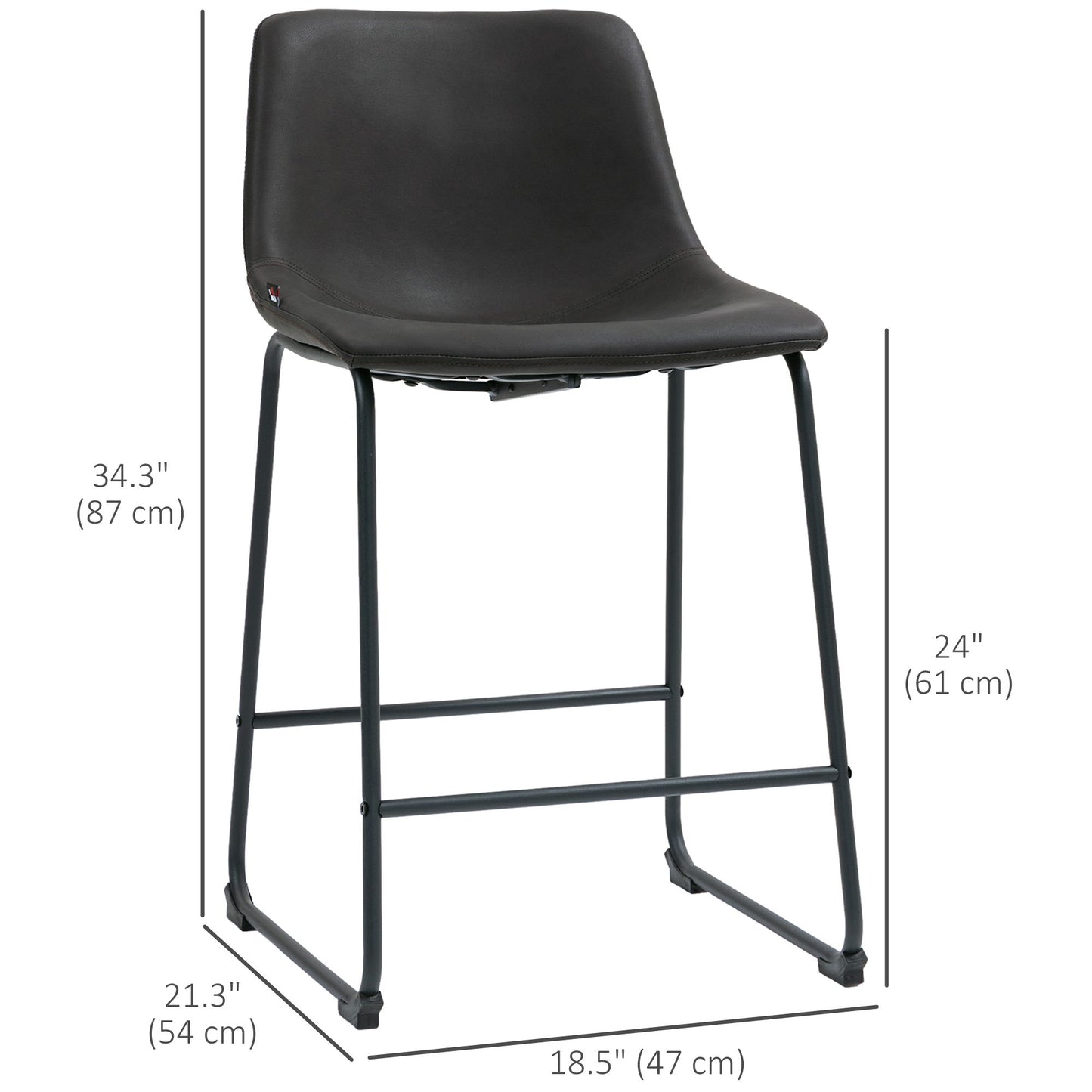Counter Height Bar Stools Set of 2, Vintage PU Leather Bar Chairs, Kitchen Stool with Footrest, Dark Brown