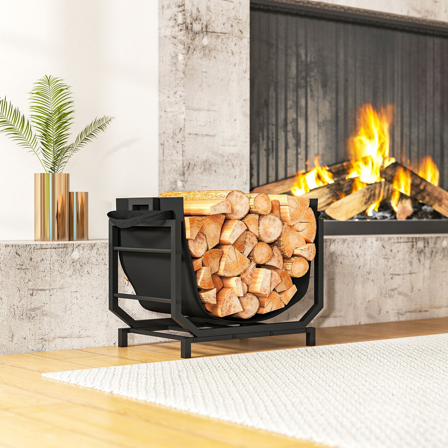 Firewood Rack Outdoor, Heavy-Duty Log Holder with Log Tote Bag for Fireplace, Indoor Fire Wood Storage Rack