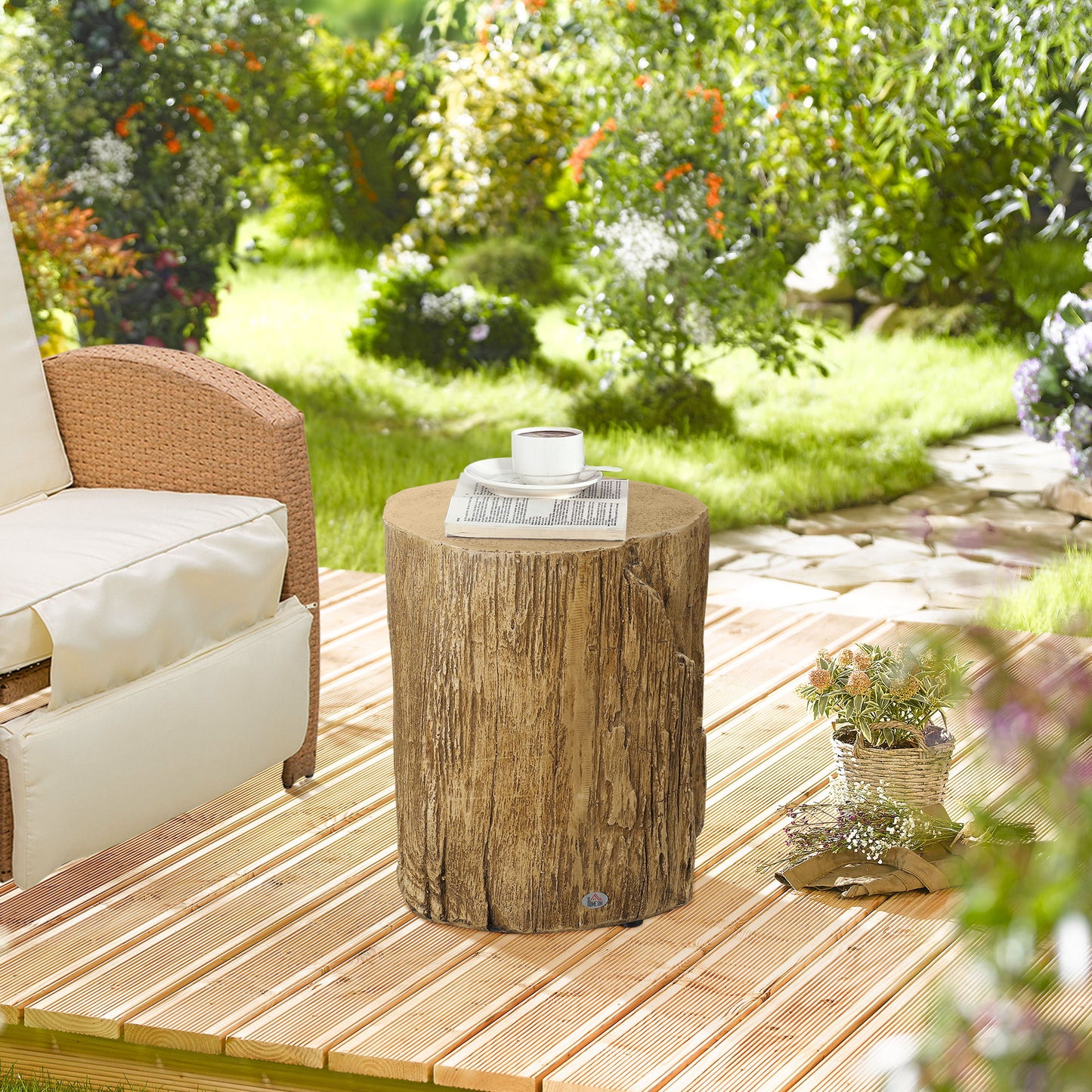 Concrete Finish Side Table, Lightweight Accent Table, 17" Patio Tree Stump End Table with 4 Adjustable Feet for Indoor, Outdoor, Natural Brown
