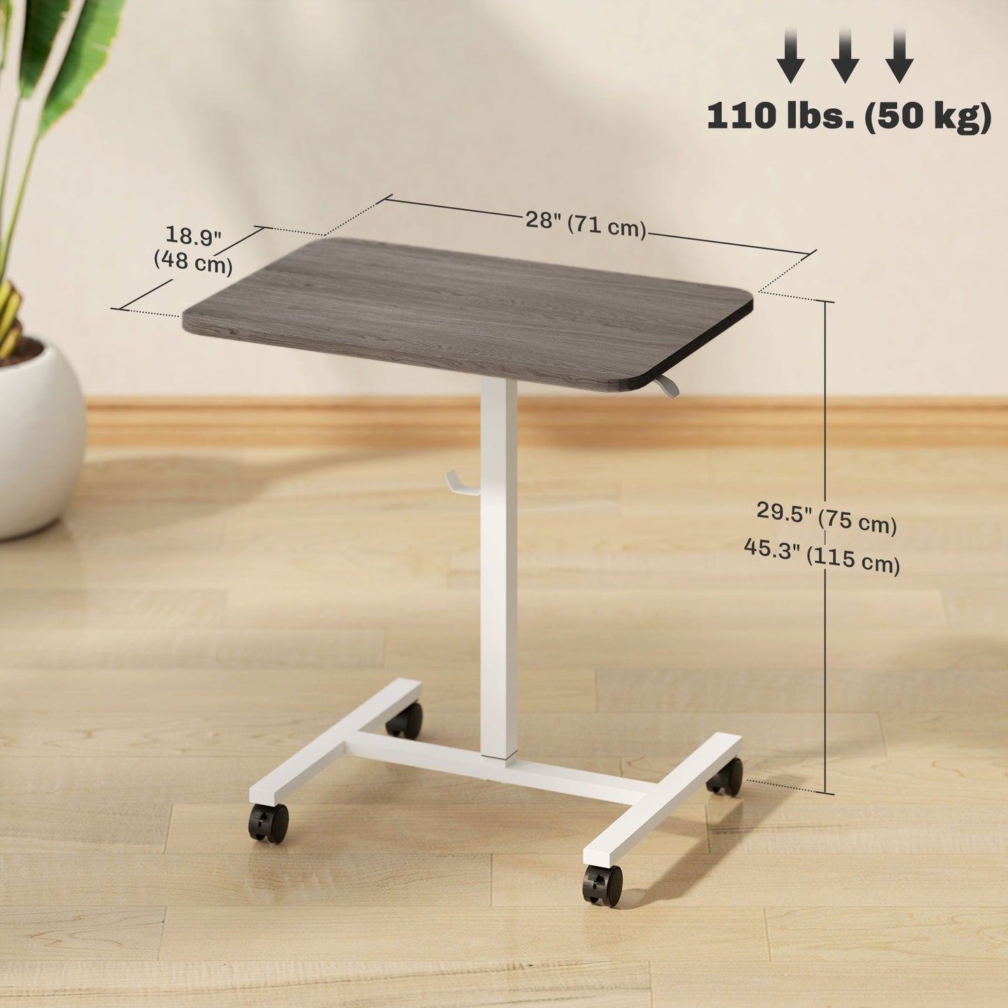 Pneumatic Sit-Stand Desk with Wheels - Grey Wood Grain