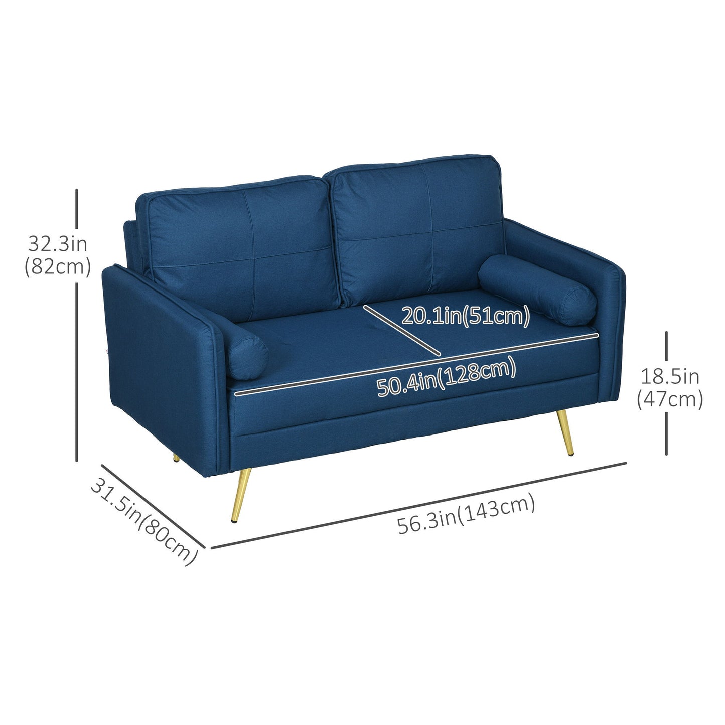 56" Loveseat Sofa for Bedroom Upholstered 2 Seater Couch with Back Cushions and Pillows, Blue