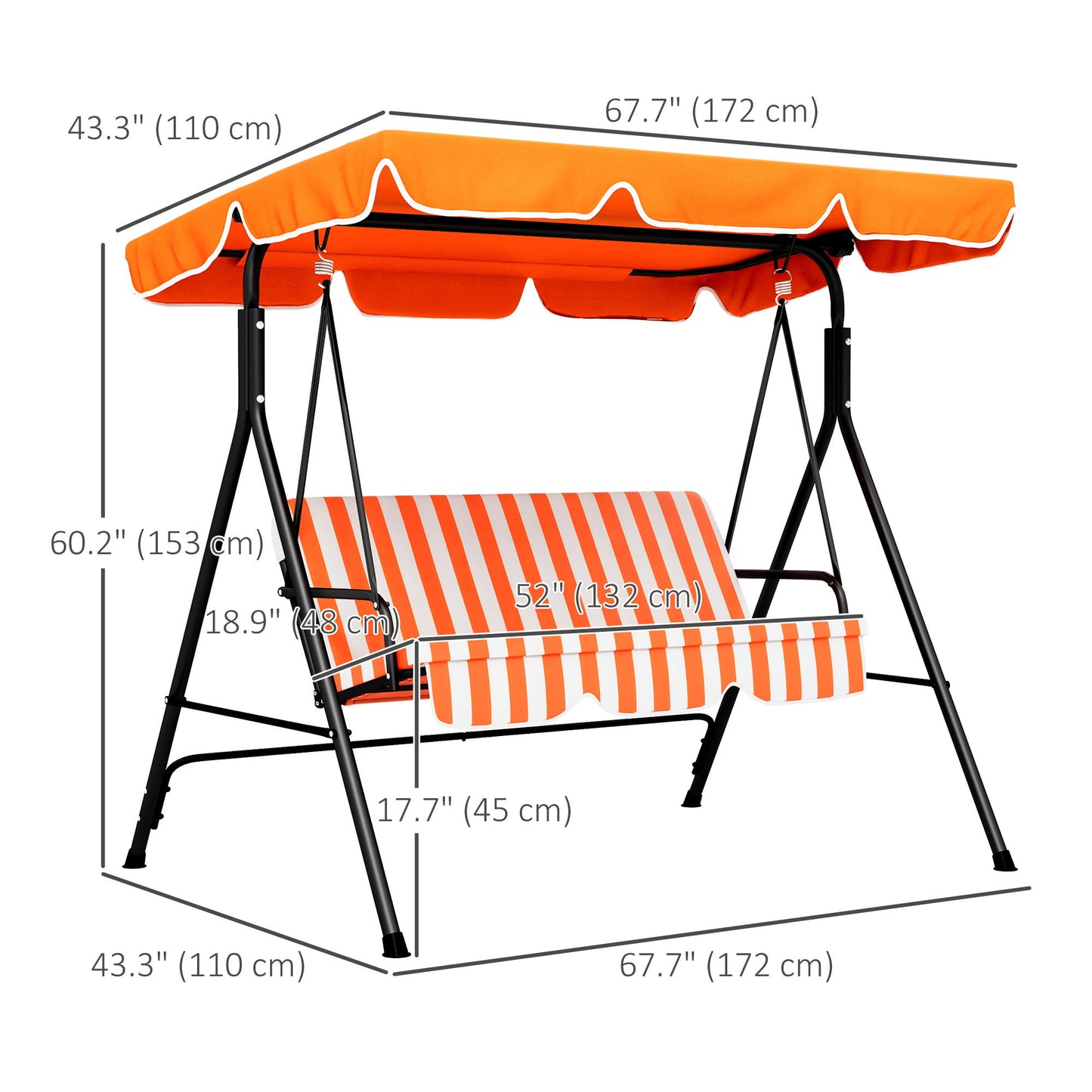 3-Seater Outdoor Porch Swing with Adjustable Canopy, Patio Swing Chair for Garden, Poolside, Backyard, Orange